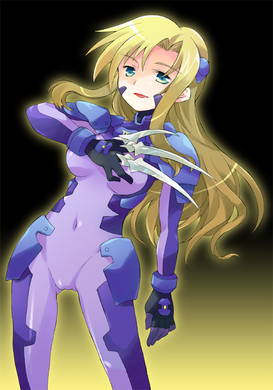 tachitsu teto, due (nanoha), numbers (nanoha), lyrical nanoha, mahou shoujo lyrical nanoha, mahou shoujo lyrical nanoha strikers, bad id, bad pixiv id, 00s, 1girl, blonde hair, bodysuit, claws, female focus, gloves, green eyes, purple bodysuit, solo