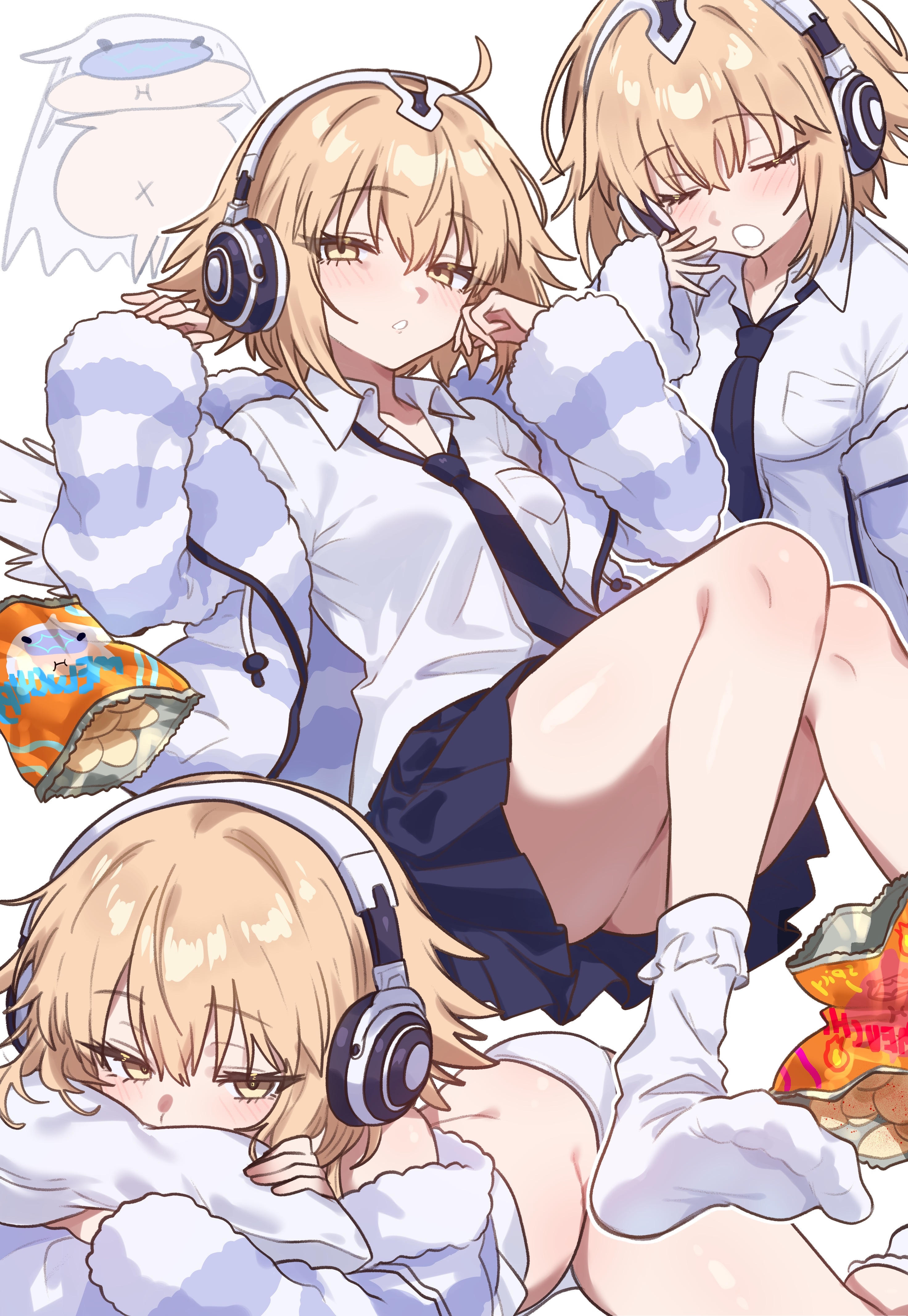 ebora, jeanne d'arc (fate), melusine (fate), metatron jeanne (fate), metatron jeanne (second ascension) (fate), fate/grand order, fate (series), absurdres, bad link, highres, 2girls, bag of chips, blonde hair, blue necktie, blue skirt, blush, chips (food), collared shirt, face in pillow, food, headphones, long hair, looking at viewer, multiple girls, multiple views, necktie, panties, pillow, potato chips, shirt, skirt, socks, underwear, white background, white panties, white shirt, white socks, yawning, yellow eyes