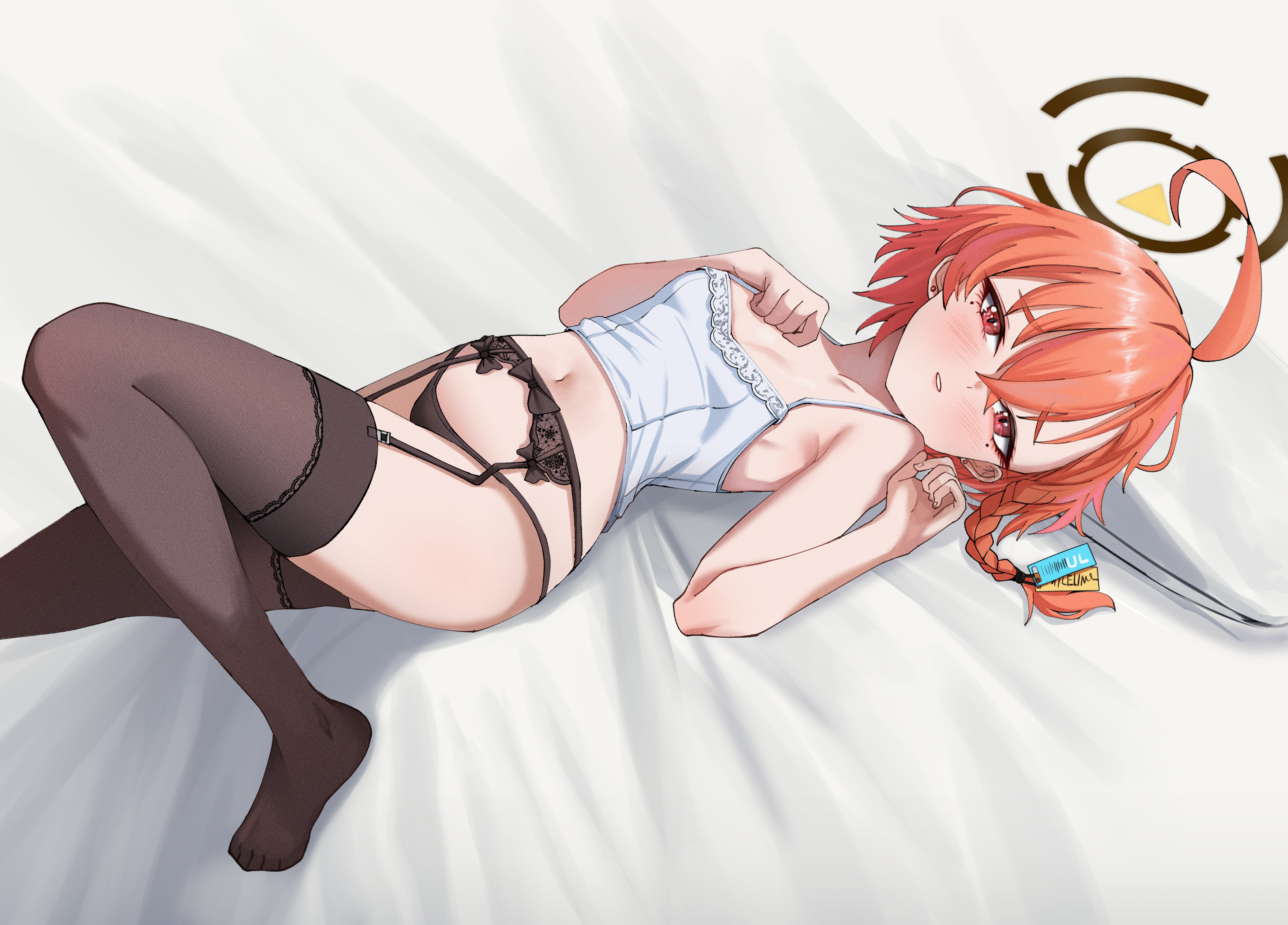 taeman, neru (blue archive), blue archive, absurdres, highres, 1girl, ahoge, black garter belt, braid, breasts, camisole, garter belt, garter straps, halo, huge ahoge, lace, lace-trimmed thighhighs, lace trim, mole, mole under each eye, mole under eye, multiple moles, open mouth, orange hair, red eyes, short hair, single braid, small breasts, thighhighs, underwear, underwear only, white camisole