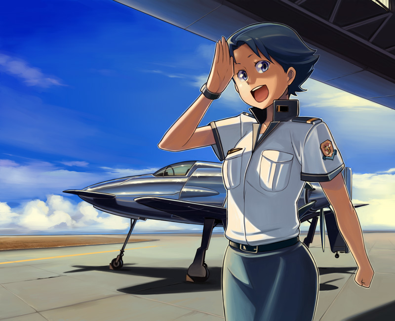 bowieknife, j7w1, uniform, 1girl, aircraft, airplane, airport, blue eyes, blue hair, cloud, day, female focus, matching hair/eyes, military, salute, short hair, sky, solo