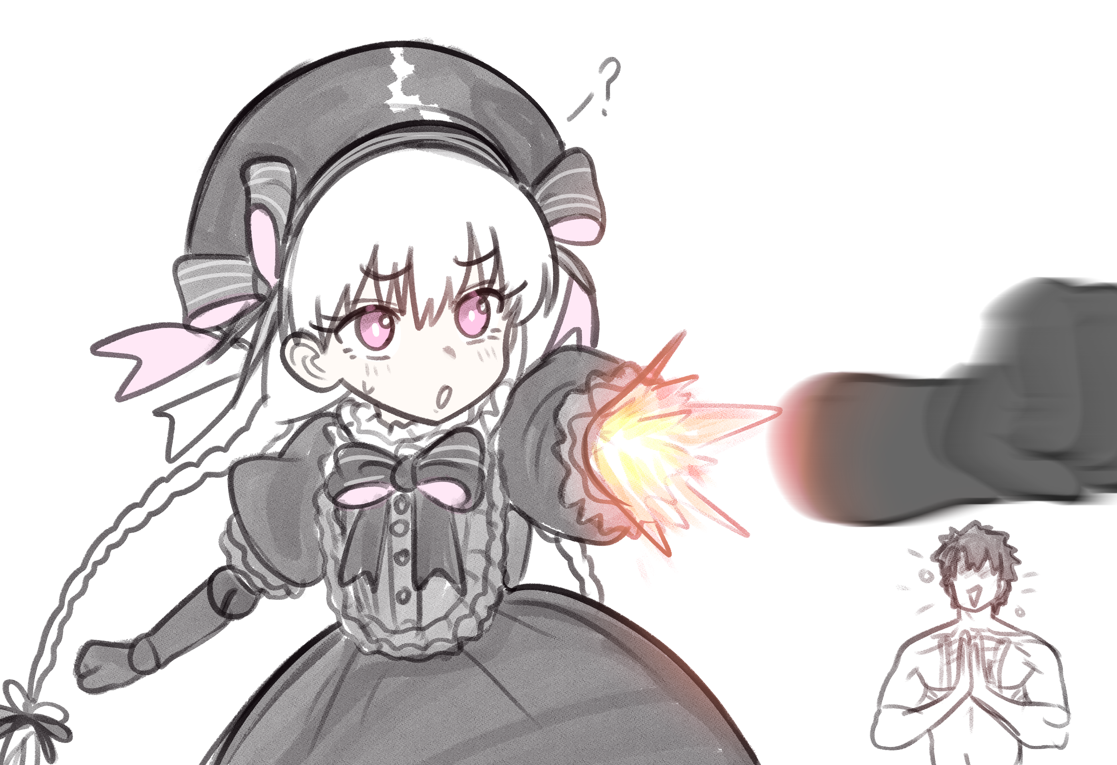 ebora, fujimaru ritsuka (male), nursery rhyme (fate), fate/grand order, fate (series), absurdres, bad link, highres, 1boy, 1girl, beret, black dress, black hat, braid, breasts, clapping, doll joints, dress, frills, grey hair, hat, joints, long hair, open mouth, puffy short sleeves, puffy sleeves, purple eyes, rocket punch, short sleeves, small breasts, twin braids