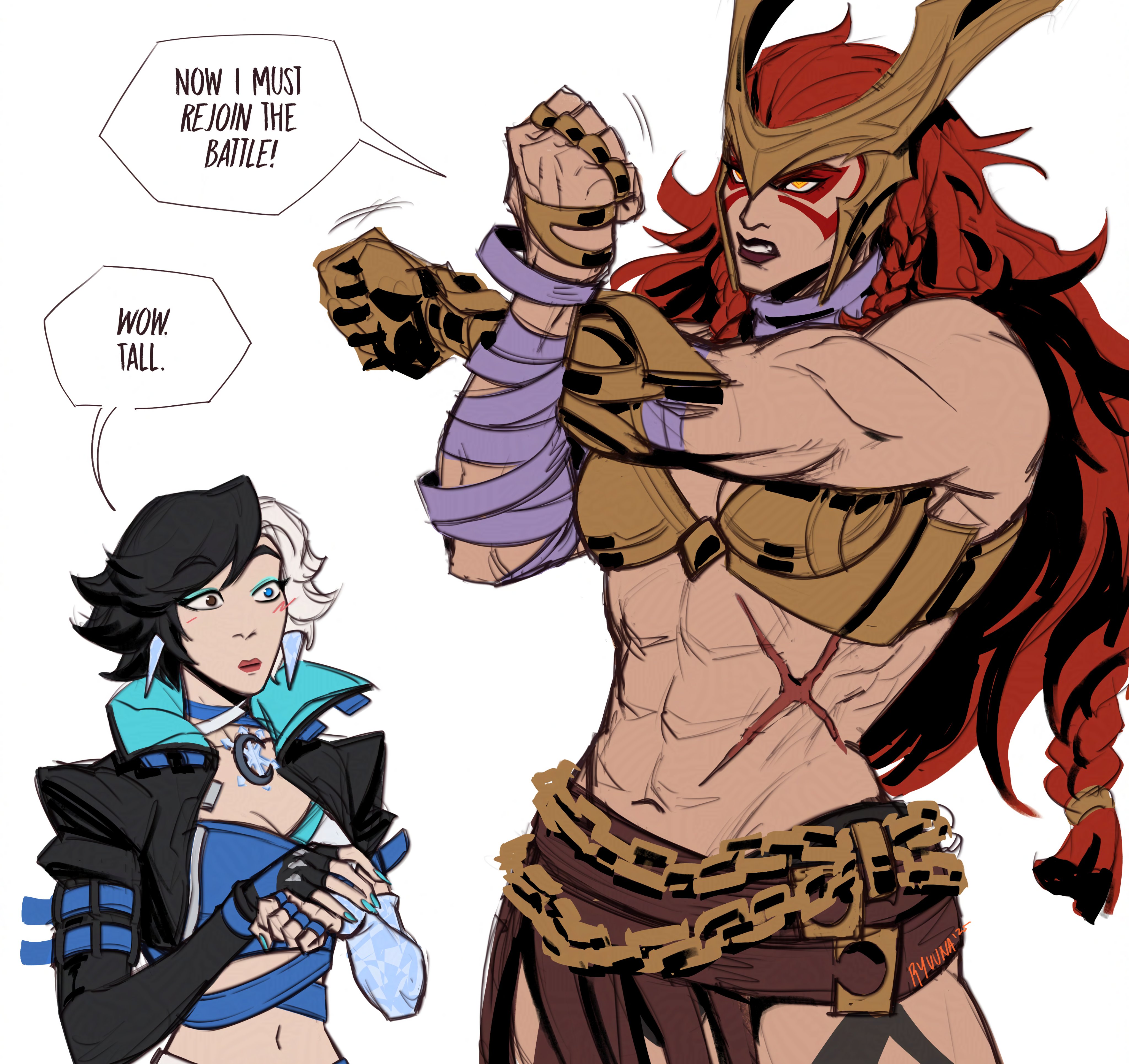 grace kim (ryuuna), angela (marvel), luna snow, marvel, marvel rivals, thor (marvel) (series), absurdres, highres, 2girls, abs, armor, bodypaint, breasts, cleavage, heterochromia, large breasts, long hair, metal bra, multicolored hair, multiple girls, muscular, muscular female, navel, red hair, scar, scar on stomach, simple background, snowflake ornament, split-color hair, two-tone hair, weapon, yuri