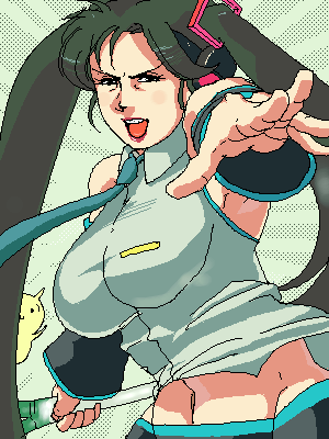 cima garahau, hatsune miku, gundam, gundam 0083, vocaloid, lowres, 1girl, breasts, cosplay, female focus, hatsune miku (cosplay), oekaki, solo, spring onion, twintails