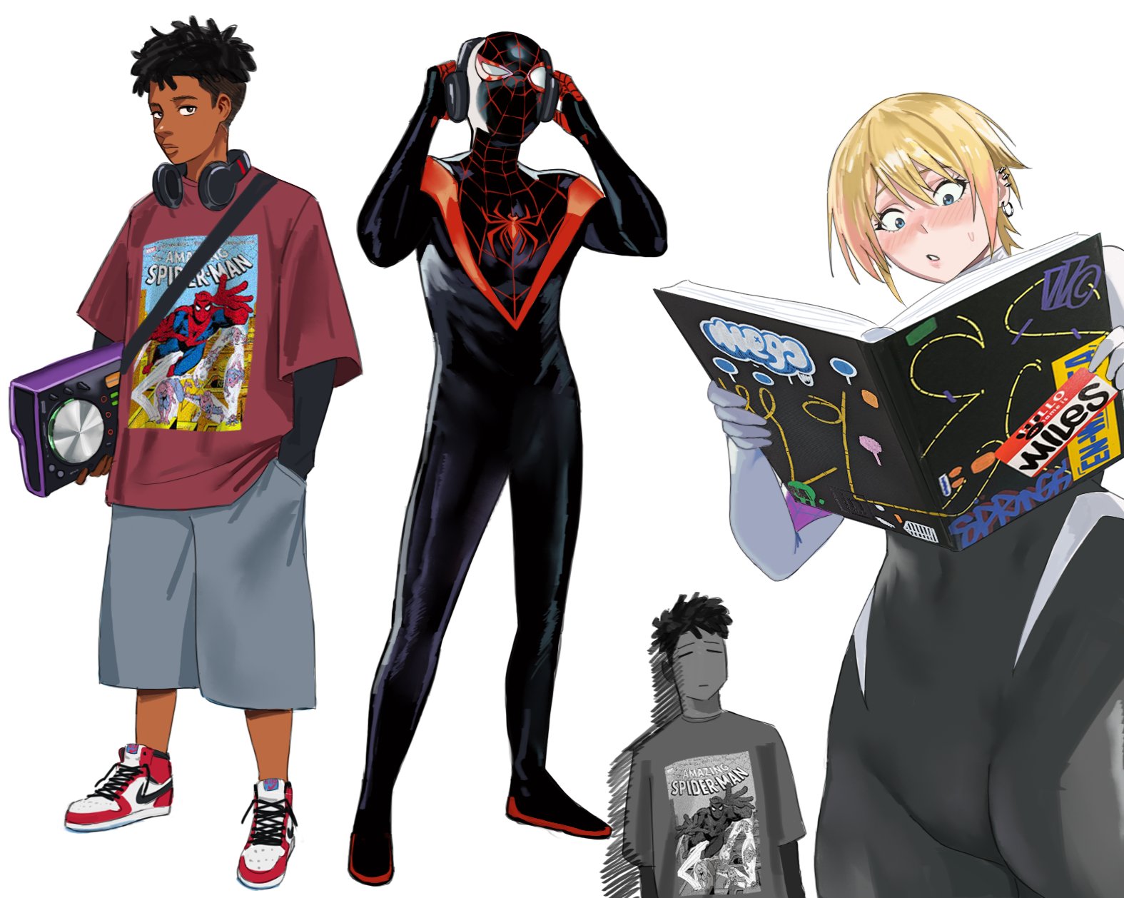 mugi (mugit49), gwen stacy, miles morales, spider-gwen, spider-man, spider-man (miles morales), marvel, original, spider-man: across the spider-verse, spider-man: into the spider-verse, spider-man (series), spider-verse, highres, 1boy, 1girl, animal print, black hair, blonde hair, blue eyes, blush, bodysuit, dark-skinned male, dark skin, looking at viewer, mask, short hair, spider print, spider web print, superhero costume, very dark skin