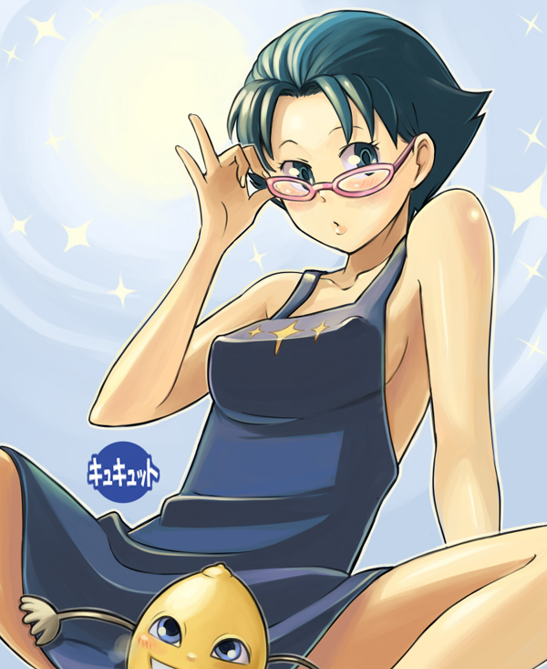 bowieknife, hikaru-san, kyukyutto, adjusting eyewear, apron, blush, glasses, green eyes, green hair, naked apron, short hair, solo