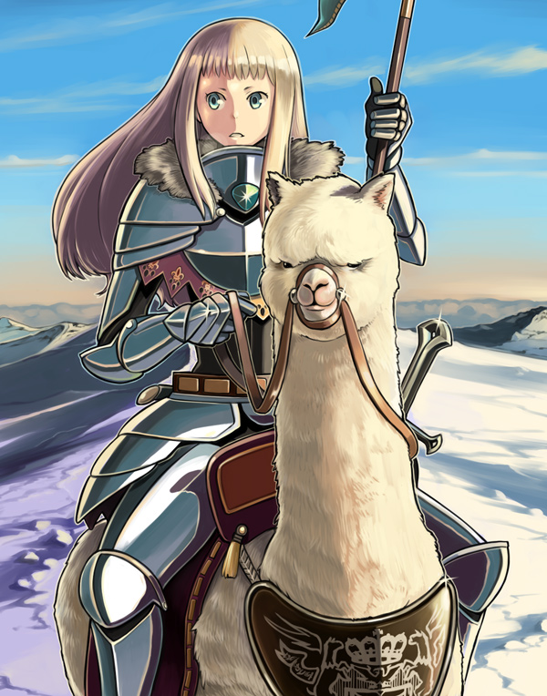 bowieknife, 1girl, alpaca, armor, blonde hair, fantasy, female focus, green eyes, llama, long hair, mountain, outdoors, riding, solo, weapon