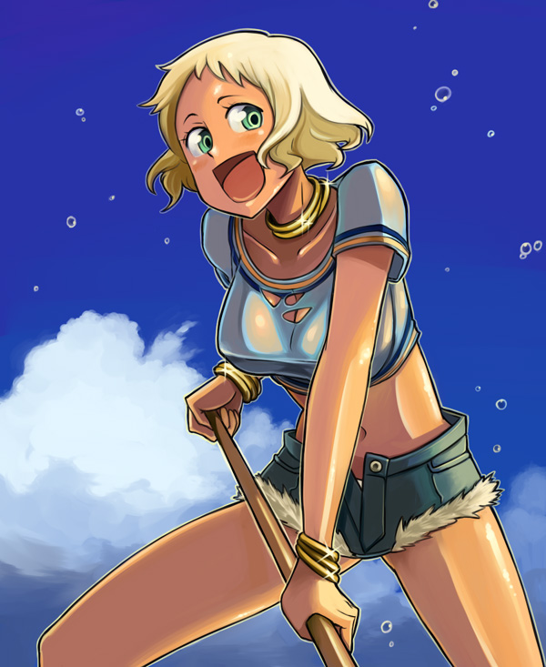 bowieknife, ooba minato, hyakko, 00s, 1girl, blonde hair, blush, bracelet, cloud, collar, cutoffs, dark-skinned female, dark skin, day, denim, denim shorts, female focus, green eyes, jewelry, midriff, navel, open fly, open zipper, short hair, shorts, sky, solo, sweat, unzipped, zipper