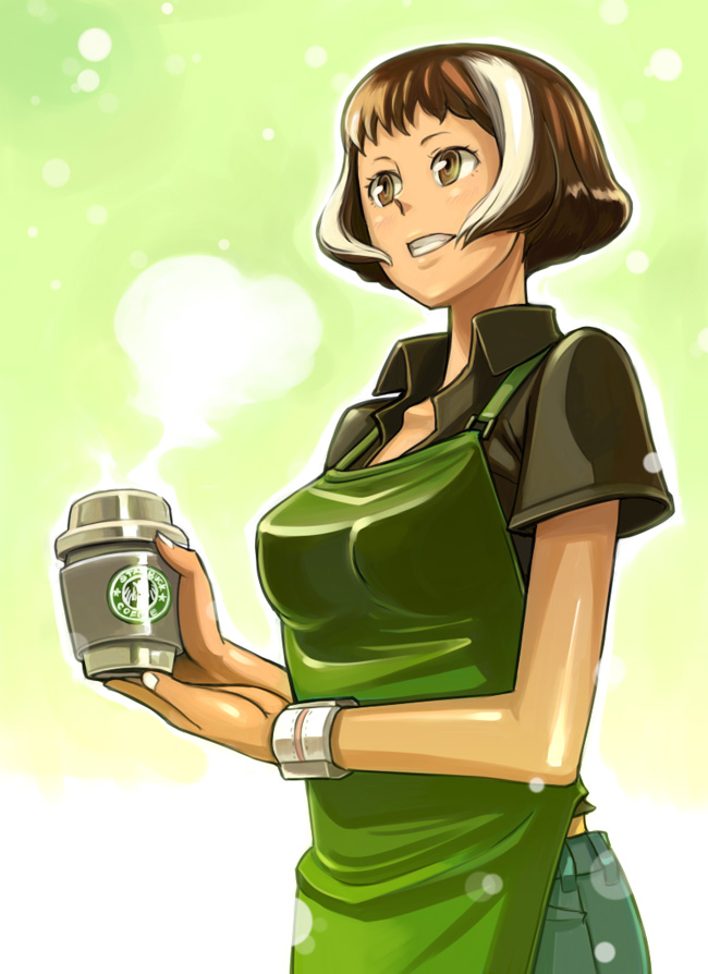 bowieknife, coffee-tan, original, starbucks, apron, brown eyes, brown hair, coffee, dark-skinned female, dark skin, multicolored hair, product girl, short hair, solo