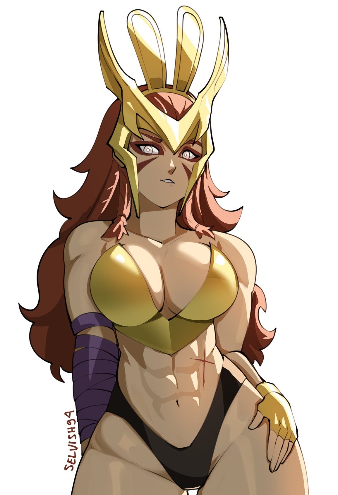selvish94, angela (marvel), marvel, marvel rivals, thor (marvel) (series), highres, 1girl, abs, breasts, large breasts, long hair, looking at viewer, metal bra, muscular, muscular female, navel, red hair, scar, scar on stomach, simple background, solo, underwear
