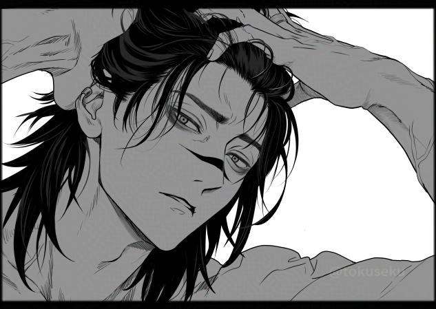 choso (jujutsu kaisen), jujutsu kaisen, 1boy, adam's apple, arms up, fingernails, greyscale, hands in own hair, letterboxed, looking at viewer, male focus, medium hair, monochrome, parted lips, portrait, simple background, solo, teeth, tokuseku, veins, veiny arms, white background