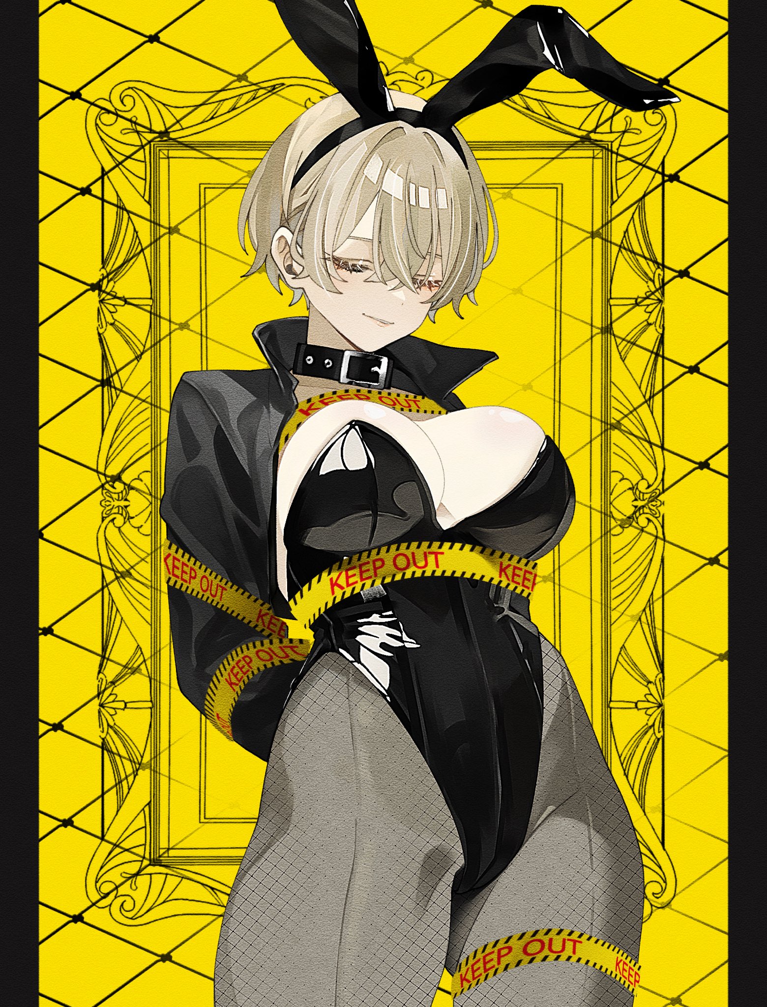 original, commentary, highres, symbol-only commentary, 1girl, animal ear hairband, animal ears, arms behind back, black collar, black jacket, black leotard, black pantyhose, blonde hair, breasts, caution tape, closed eyes, closed mouth, collar, fake animal ears, hairband, jacket, keep out, large breasts, leotard, noah 200313, open clothes, open jacket, pantyhose, playboy bunny, short hair, solo, strapless, strapless leotard, yellow background
