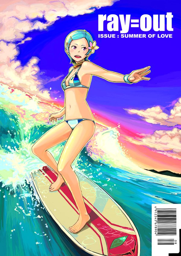 bowieknife, eureka (eureka seven), eureka seven, eureka seven (series), revision, 00s, 1girl, aqua hair, armpits, barcode, barefoot, bikini, blue hair, cloud, cover, cover page, feet, female focus, flower, foreshortening, hair ornament, hairclip, navel, ocean, pink eyes, purple eyes, ray=out, short hair, sky, solo, sunset, surfboard, surfing, swimsuit, water, waves