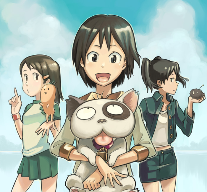 bowieknife, amasawa yuuko, densuke (dennou coil), hashimoto fumie, mojo (dennou coil), okonogi yuuko, oyaji (dennou coil), dennou coil, 00s, 3girls, animal, black hair, brown hair, cloud, day, dog, happy, multiple girls, raglan sleeves, short hair, sky