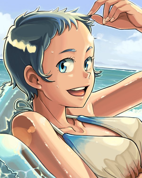 bowieknife, original, bikini, blue eyes, blue hair, day, happy, ocean, ruffling hair, short hair, smile, solo, swimsuit, wet