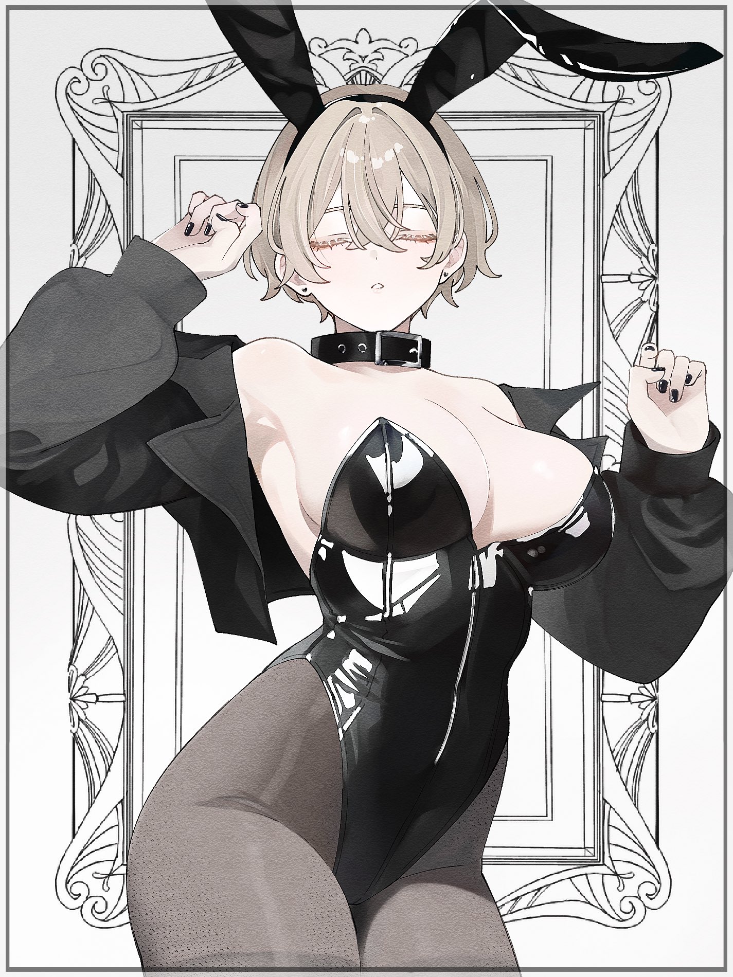original, commentary, highres, symbol-only commentary, 1girl, animal ear hairband, animal ears, black collar, black jacket, black leotard, black nails, black pantyhose, blonde hair, breasts, cleavage, closed eyes, collar, cowboy shot, earrings, facing viewer, fake animal ears, hairband, hands up, jacket, jewelry, large breasts, leotard, noah 200313, open clothes, open jacket, pantyhose, picture frame, playboy bunny, short hair, solo, strapless, strapless leotard, stud earrings, white background, white mouth