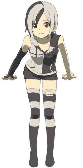 hino hikaru, rusty, futaba channel, original, bad id, bad pixiv id, heterochromia, multicolored hair, short hair, shorts, smile, solo, striped clothes, striped thighhighs, thighhighs, torn clothes, torn thighhighs