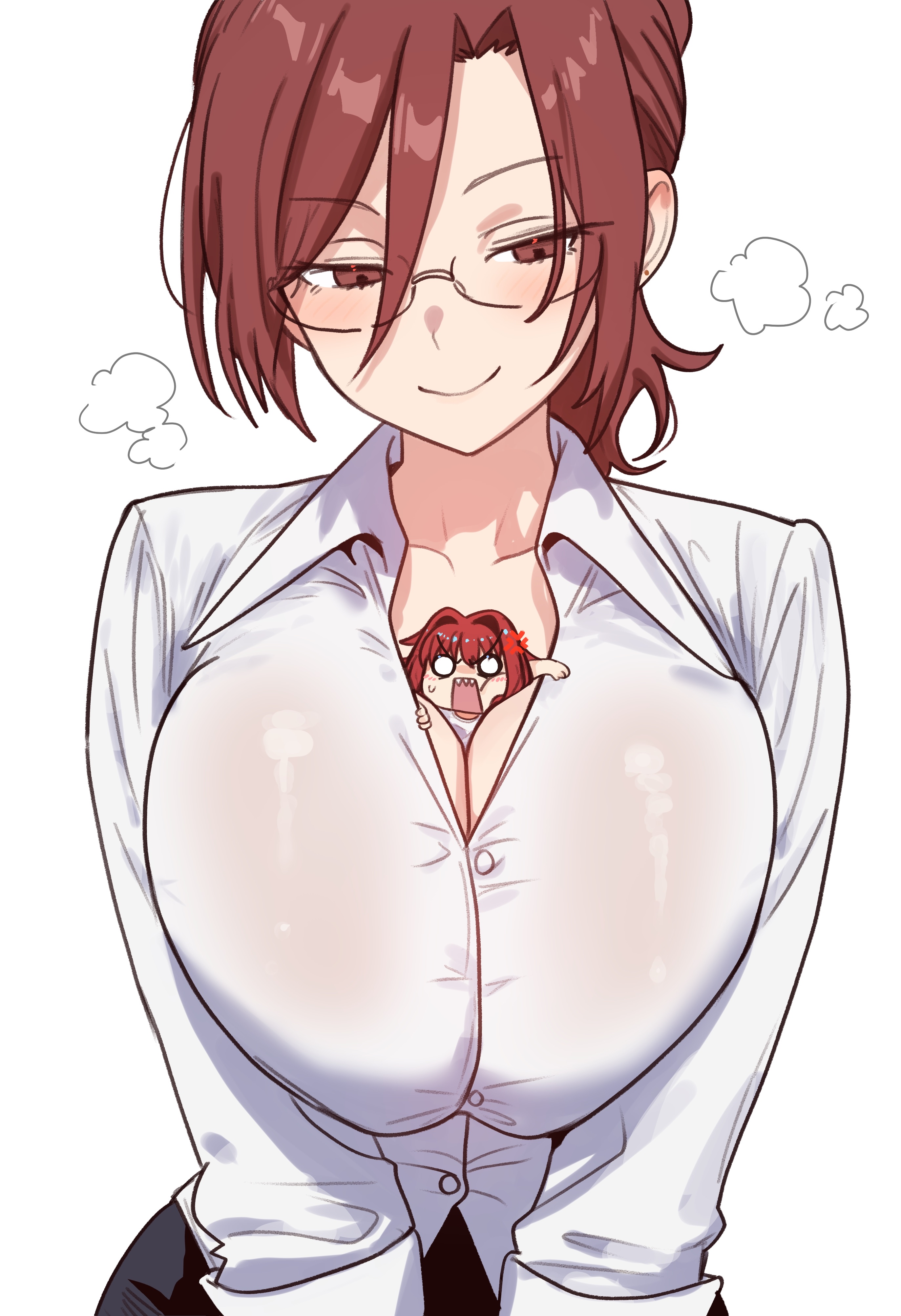 ebora, aozaki aoko, aozaki touko, super aoko, kara no kyoukai, mahou tsukai no yoru, absurdres, bad link, highres, 2girls, anger vein, between breasts, black pants, blush, breasts, breasts squeezed together, brown eyes, brown hair, buttons, chibi, cleavage, collared shirt, glasses, hair between eyes, height difference, large breasts, long sleeves, mini person, minigirl, multiple girls, pants, person between breasts, ponytail, red hair, shirt, siblings, sisters, size difference, smile, steam, white shirt