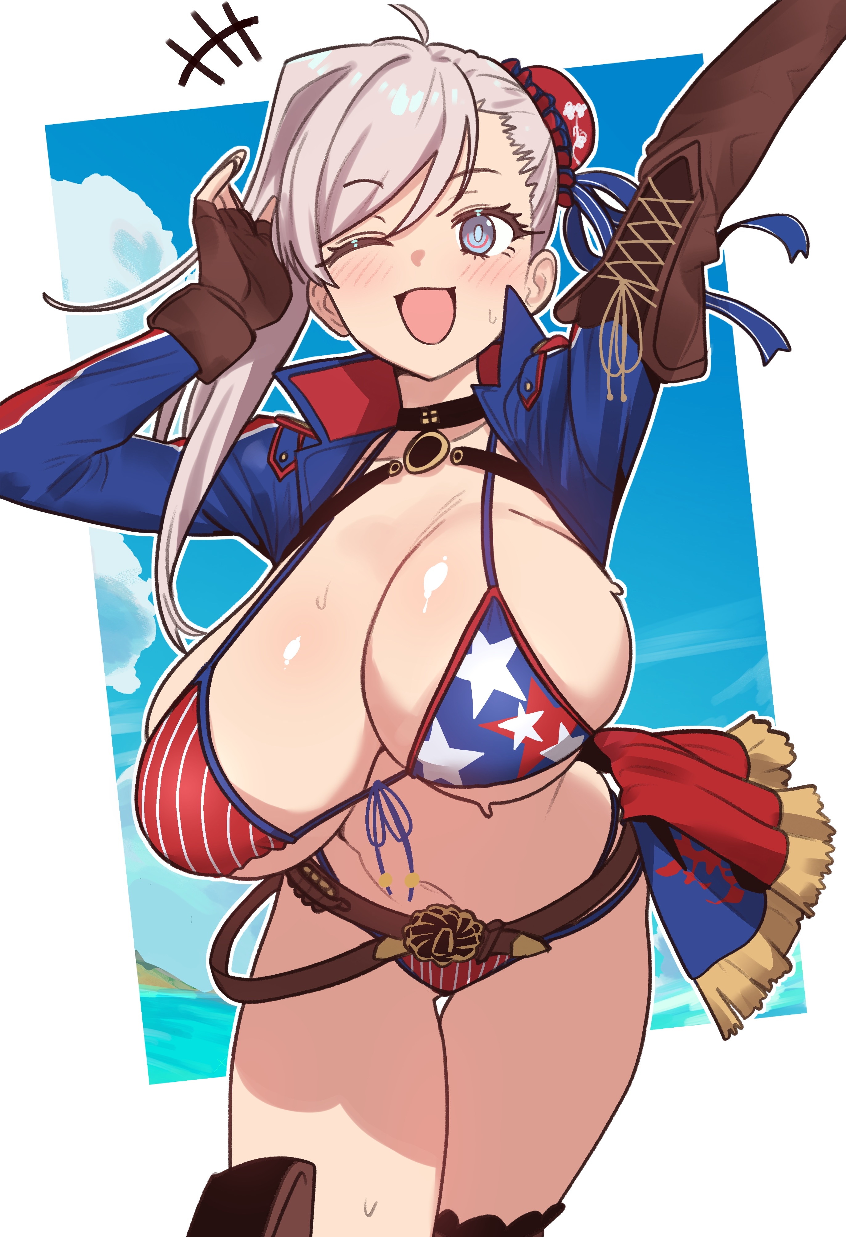 ebora, miyamoto musashi (fate), miyamoto musashi (fate/grand order), miyamoto musashi (swimsuit berserker) (fate), miyamoto musashi (swimsuit berserker) (second ascension) (fate), fate/grand order, fate (series), absurdres, bad link, highres, 1girl, ;d, alternate breast size (larger), american flag, american flag bikini, american flag print, bikini, blue eyes, blue shrug, breasts, brown gloves, bun cover, cowboy shot, fingerless gloves, flag print, flag print bikini, gloves, hair bun, large breasts, one eye closed, open mouth, pink hair, print bikini, shrug (clothing), single hair bun, smile, solo, sweat, swimsuit