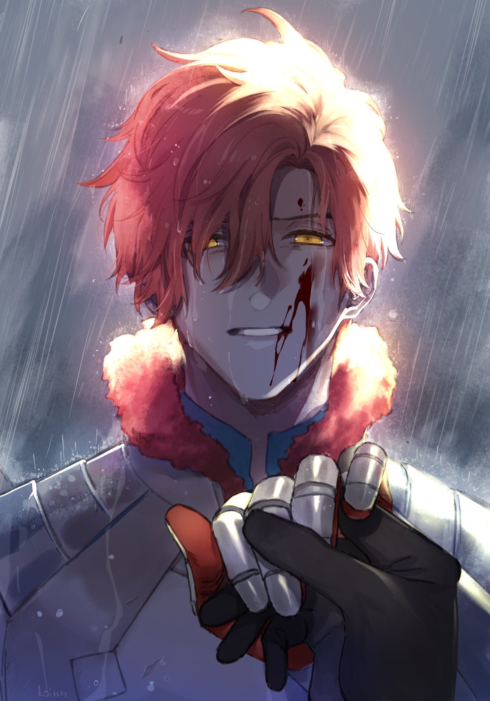 koinn 2, sylvain jose gautier, sylvain jose gautier (timeskip), fire emblem, fire emblem: three houses, nintendo, highres, 1boy, 1other, arm up, armor, black gloves, blood, blood on face, breastplate, fur-trimmed collar, fur trim, gloves, holding hands, looking at viewer, male focus, orange eyes, out of frame, parted bangs, parted hair, rain, red fur, red hair, solo focus, teeth, wet, wet clothes, wet hair