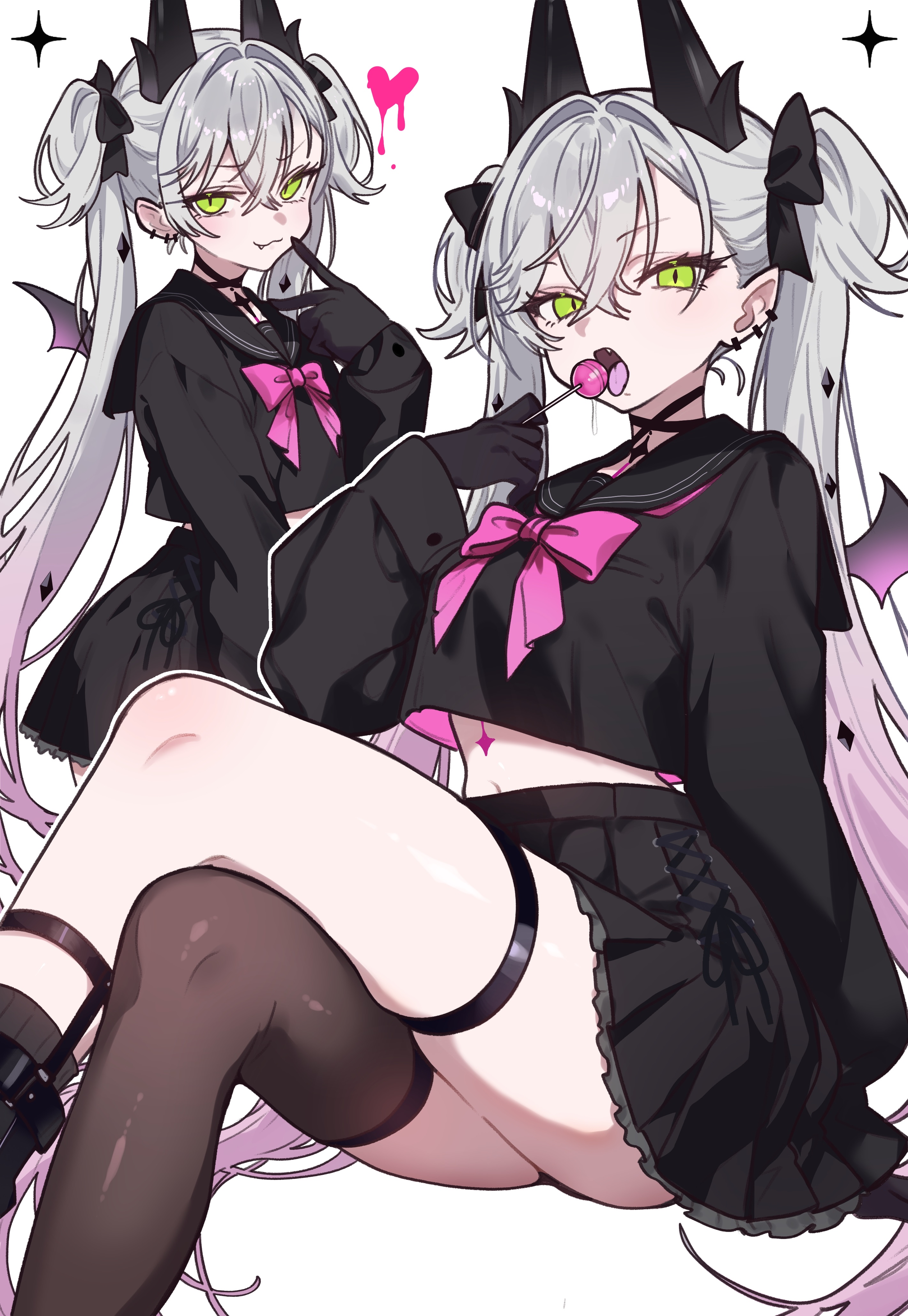 ebora, lilith (fate), fate/grand order, fate (series), absurdres, bad link, highres, 1girl, black hands, black sailor collar, black shirt, black skirt, black thighhighs, breasts, candy, colored extremities, crossed legs, demon wings, fang, food, green eyes, hand up, holding, holding candy, holding food, holding lollipop, horns, lollipop, long hair, looking at viewer, midriff, multiple views, navel, open mouth, pointy ears, sailor collar, sailor shirt, school uniform, shirt, single thighhigh, sitting, skirt, smile, thighhighs, tongue, tongue out, twintails, v, white background, white hair, wings