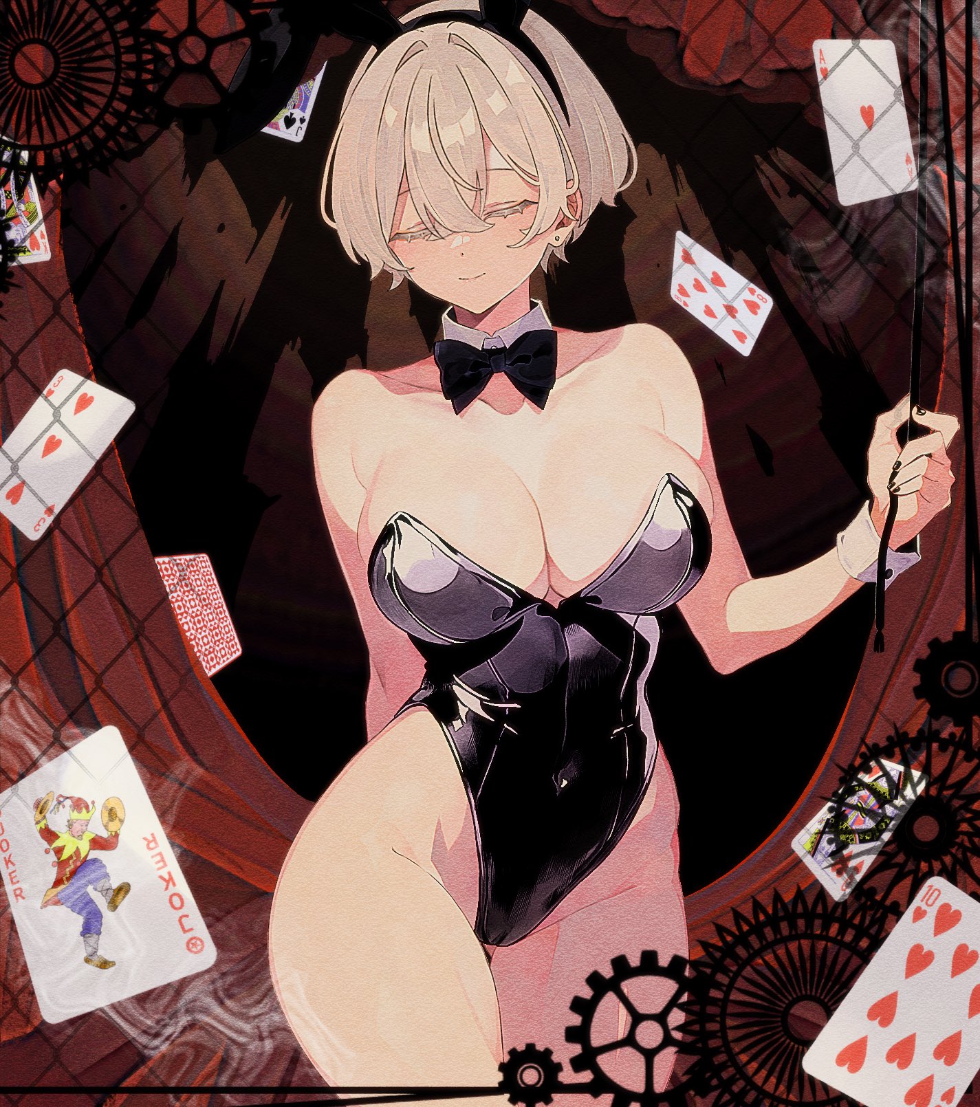 original, alt text, commentary request, highres, 1girl, ace (playing card), black leotard, black nails, blonde hair, breasts, card, cleavage, closed eyes, closed mouth, earrings, gears, jewelry, joker (playing card), king (playing card), large breasts, leotard, light smile, noah 200313, playboy bunny, playing card, short hair, solo, strapless, strapless leotard, stud earrings, white wrist cuffs, wrist cuffs