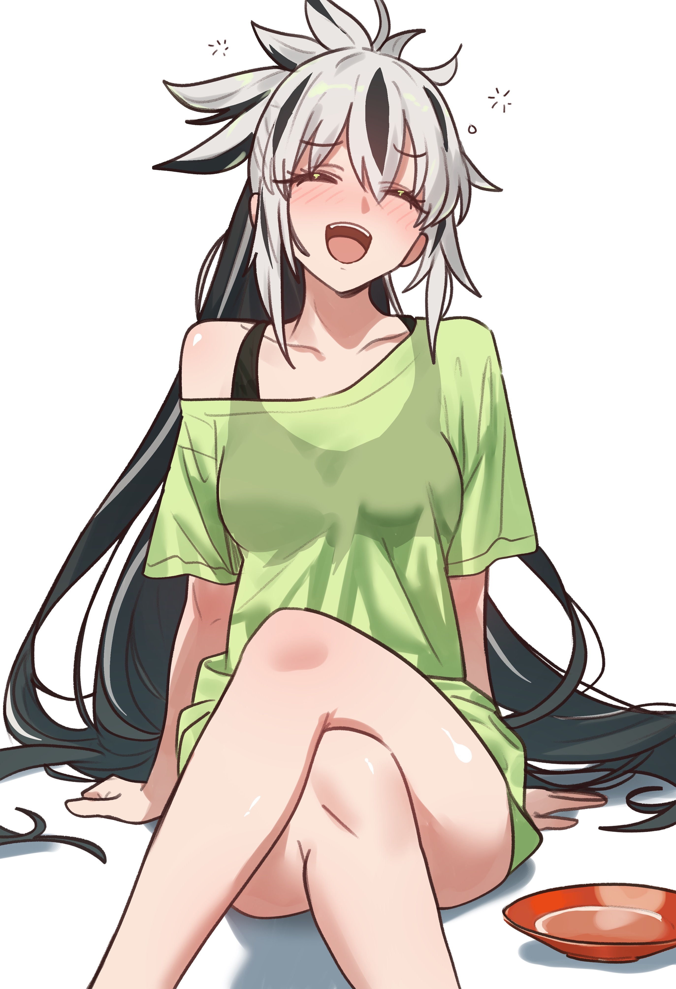 ebora, nagao kagetora (fate), uesugi kenshin (first ascension) (fate), fate/grand order, fate (series), absurdres, bad link, highres, 1girl, alcohol, alternate costume, black hair, blush, breasts, closed eyes, crossed legs, cup, green shirt, hair spread out, long hair, medium breasts, multicolored hair, open mouth, ponytail, sakazuki, sake, shirt, short sleeves, sitting, smile, solo, squeans, two-tone hair, very long hair, white hair