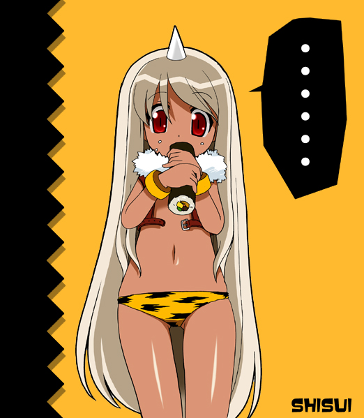 shisui, animal print, dark-skinned female, dark skin, demon girl, eating, flat chest, food, horns, long hair, makizushi, oni, panties, red eyes, single horn, solo, sushi, tiger print, underwear, white hair