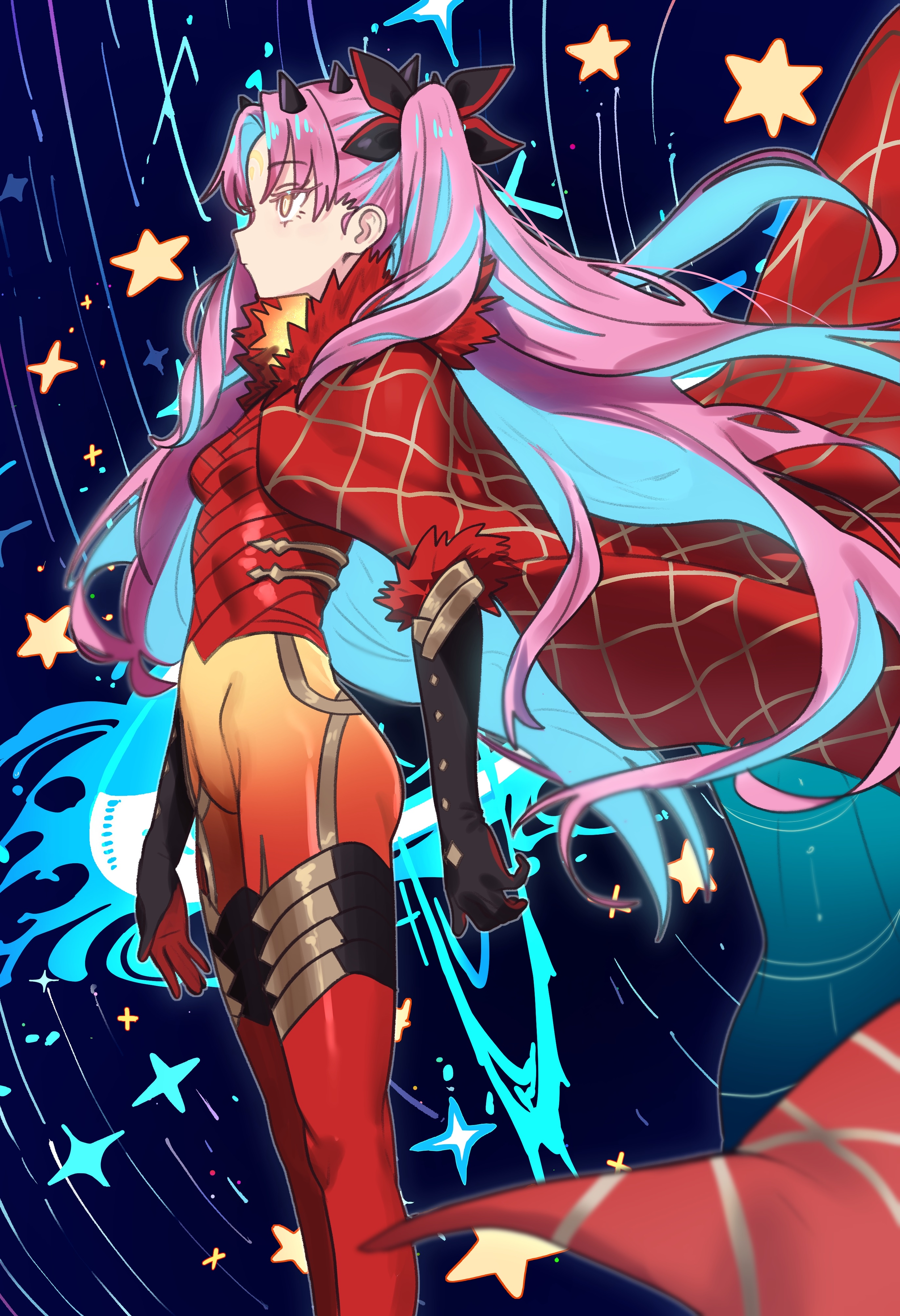 ebora, ishtar (fate), space ishtar (fate), space ishtar (third ascension) (fate), fate/grand order, fate (series), absurdres, bad link, highres, 1girl, bodysuit, breasts, cloak, facial mark, forehead mark, fur-trimmed cloak, fur trim, horns, long hair, red bodysuit, red cloak, small breasts, solo, symbol-shaped pupils, two side up