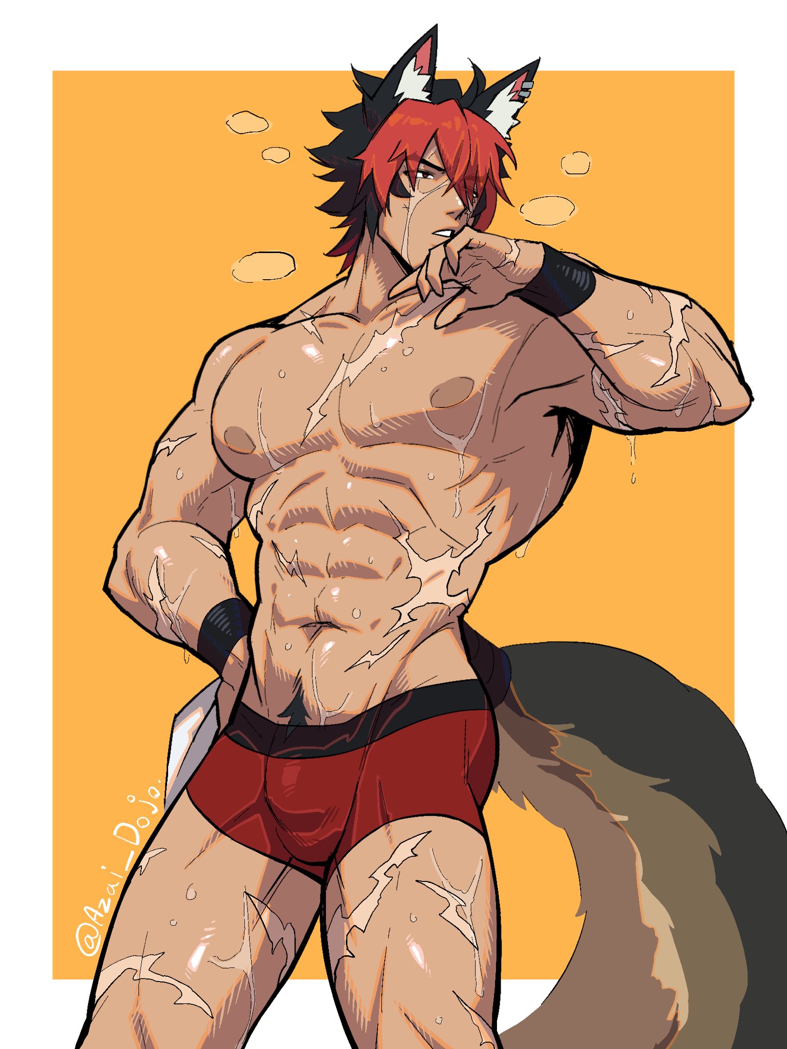 komano manato, zenless zone zero, highres, 1boy, abs, animal ear fluff, animal ears, armband, azai dojo, black armband, briefs, dog boy, dog ears, dog tail, looking to the side, male focus, male underwear, multiple scars, muscular, muscular male, navel, no nipples, pubic hair, red eyes, scar, scar across eye, scar on chest, scar on face, sweat, tail, teeth, towel, underwear, wet, yellow background