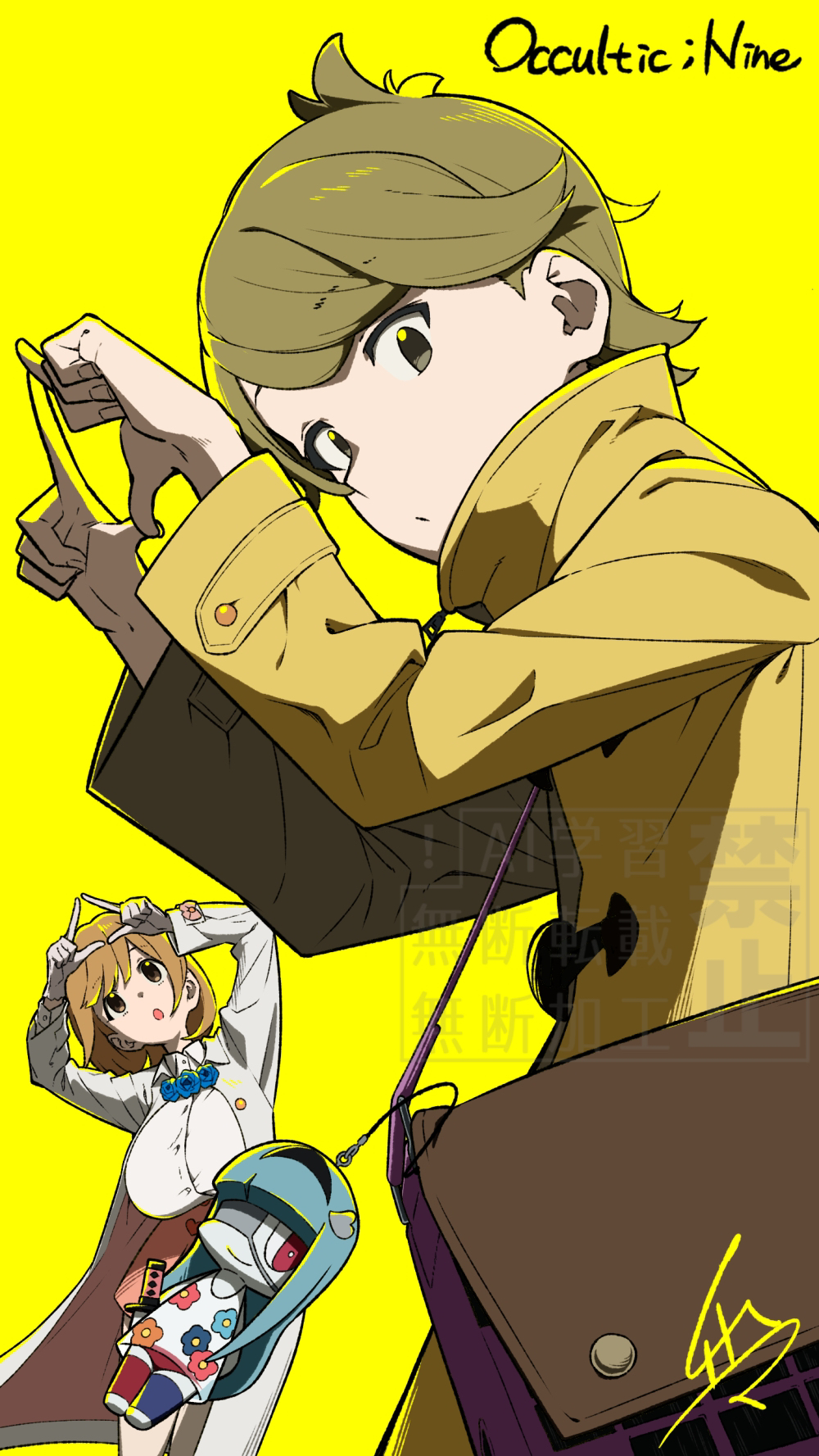 gamon yuuta, narusawa ryouka, zonko (occultic;nine), occultic;nine, science adventure, highres, 1boy, 2girls, :o, beachby4, breasts, character pendant, coat, gesture, green coat, green eyes, green hair, high collar, huge breasts, jewelry, long hair, multicolored coat, multiple girls, pendant, pink bag, short hair, simple background, tongue, watermark, white coat, yellow background, yellow coat