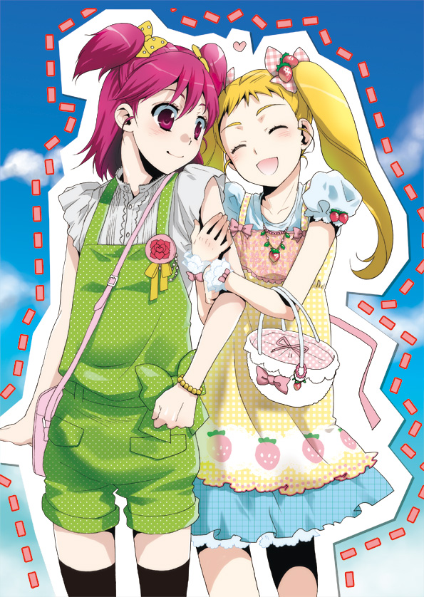 kikuchi mataha, kasugano urara (yes! precure 5), yumehara nozomi, precure, yes! precure 5, arm grab, 00s, 2girls, bag, blonde hair, casual, closed eyes, dress, happy, heart, holding another's arm, long hair, multiple girls, pink eyes, pink hair, short hair, short twintails, smile, thighhighs, twintails, two side up
