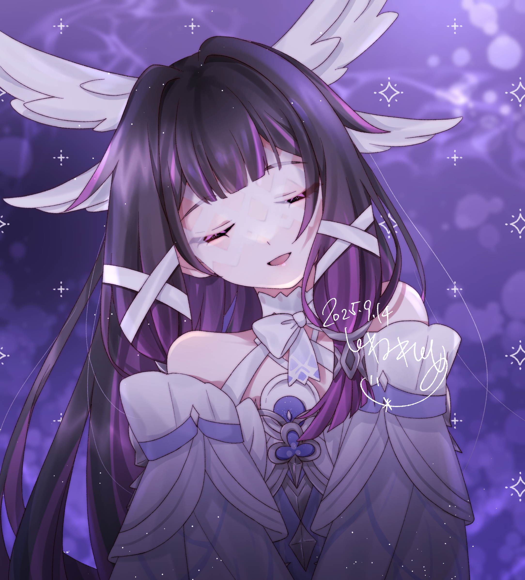 yuzuko to love, columbina (genshin impact), genshin impact, highres, 1girl, bare shoulders, black hair, closed eyes, dress, hair ribbon, head wings, long hair, long sleeves, multicolored hair, multiple wings, open mouth, pink hair, ribbon, sidelocks, smile, solo, very long hair, white dress, white ribbon, wings