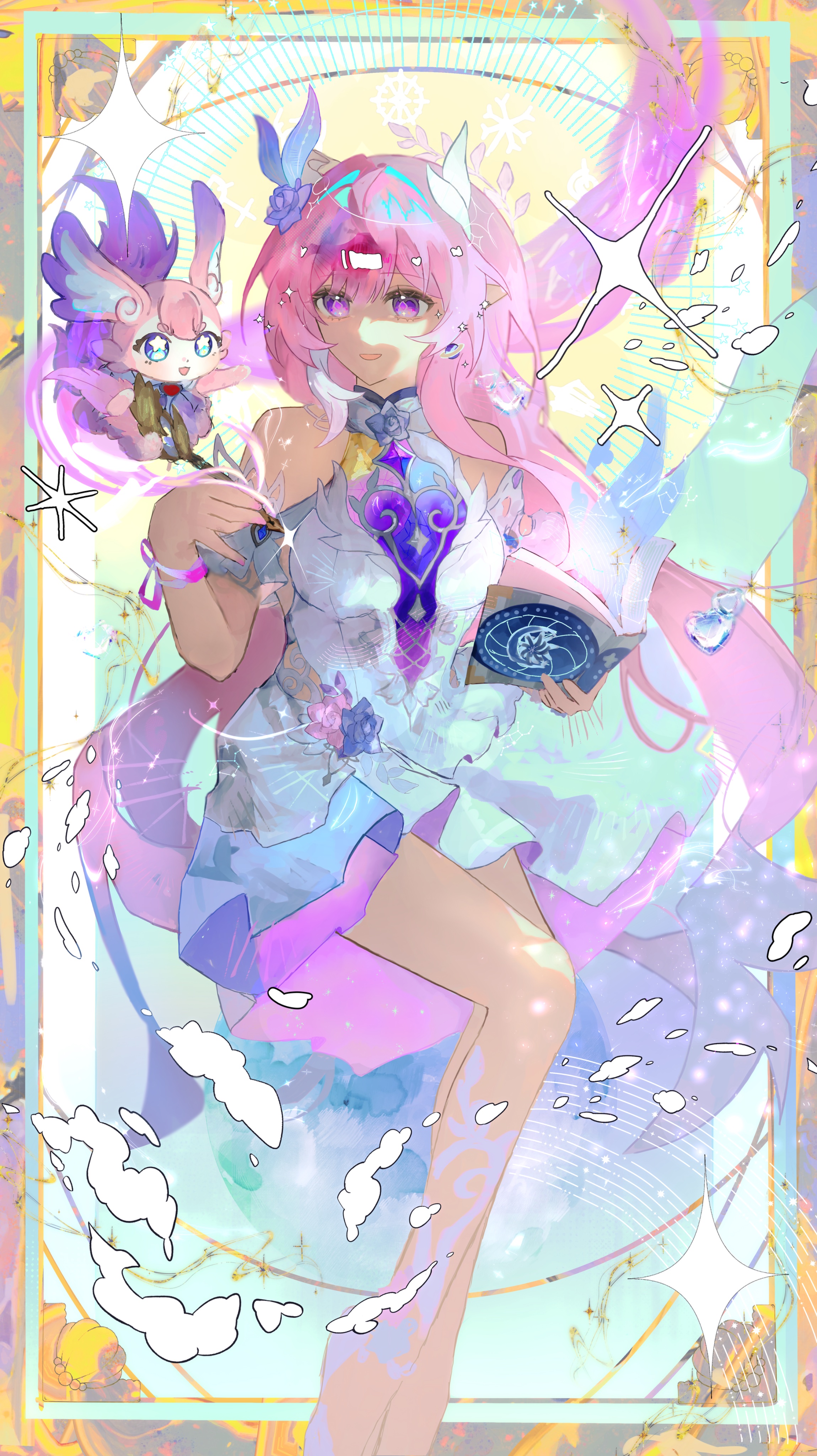 x431788, cyrene (honkai: star rail), cyrene (ripples of past reverie) (honkai: star rail), mem (honkai: star rail), honkai: star rail, honkai (series), absurdres, highres, 1girl, bare shoulders, barefoot, blue eyes, book, breasts, diamond-shaped pupils, diamond (shape), dress, earrings, flower, hair flower, hair ornament, holding, holding book, holding quill, jewelry, large breasts, long hair, multicolored hair, open book, pink hair, pointy ears, purple eyes, quill, solo, star-shaped pupils, star (symbol), symbol-shaped pupils, two-tone hair, very long hair, white dress, white hair