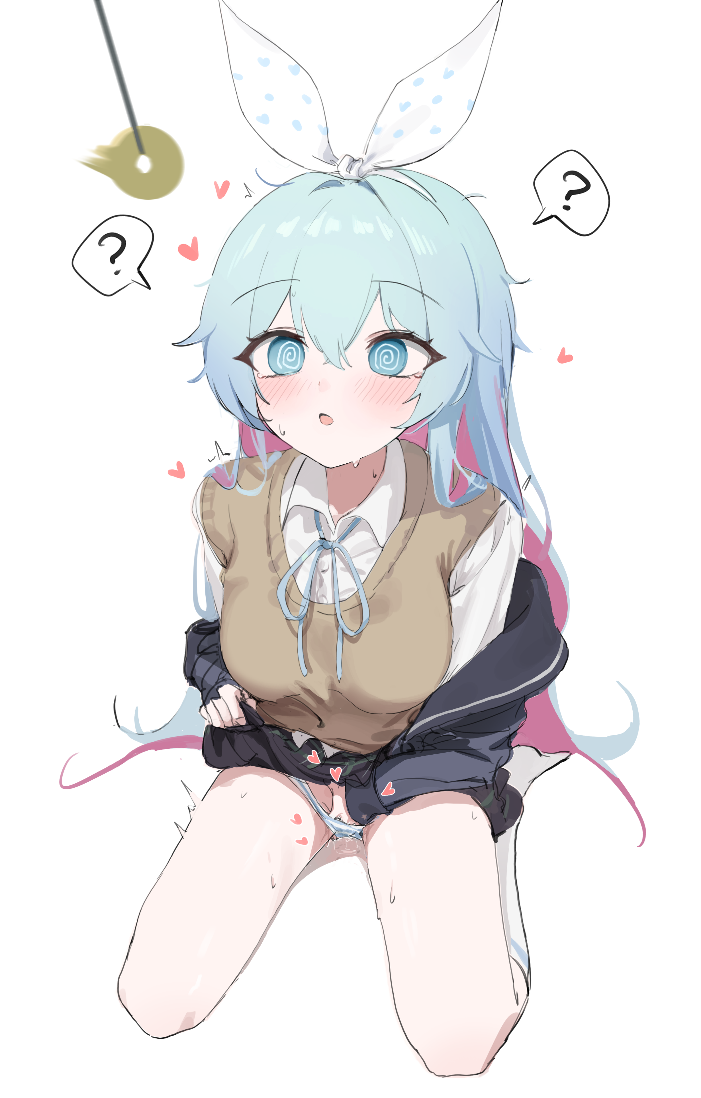 original, absurdres, artist request, commission, highres, second-party source, 1girl, ?, @ @, blue eyes, blue hair, blue ribbon, blush, brown sweater vest, collared shirt, colored inner hair, female masturbation, fingering, hair between eyes, heart, hypnosis, long hair, long sleeves, masturbation, mind control, multicolored hair, neck ribbon, open mouth, panties, panty pull, pendulum, pink hair, pussy juice, ribbon, shirt, simple background, sitting, solo, spoken question mark, sweater vest, underwear, white background, white shirt