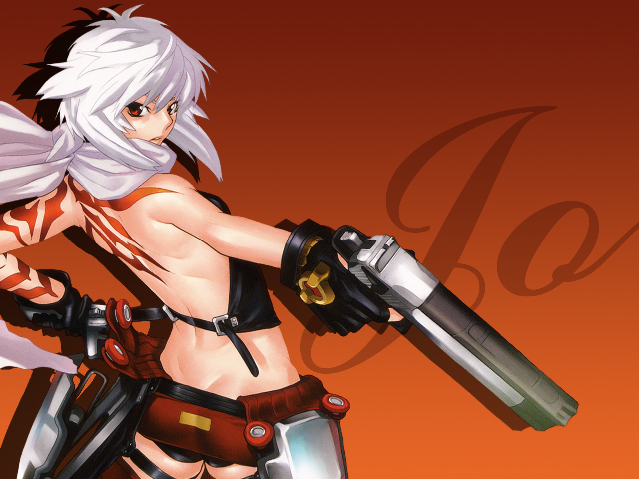 jo (bakuretsu tenshi), bakuretsu tenshi, 00s, 1girl, backless outfit, desert eagle, dimples of venus, dual wielding, female focus, fingerless gloves, gloves, gun, handgun, holding, pistol, red eyes, scarf, short hair, solo, tattoo, weapon, white hair