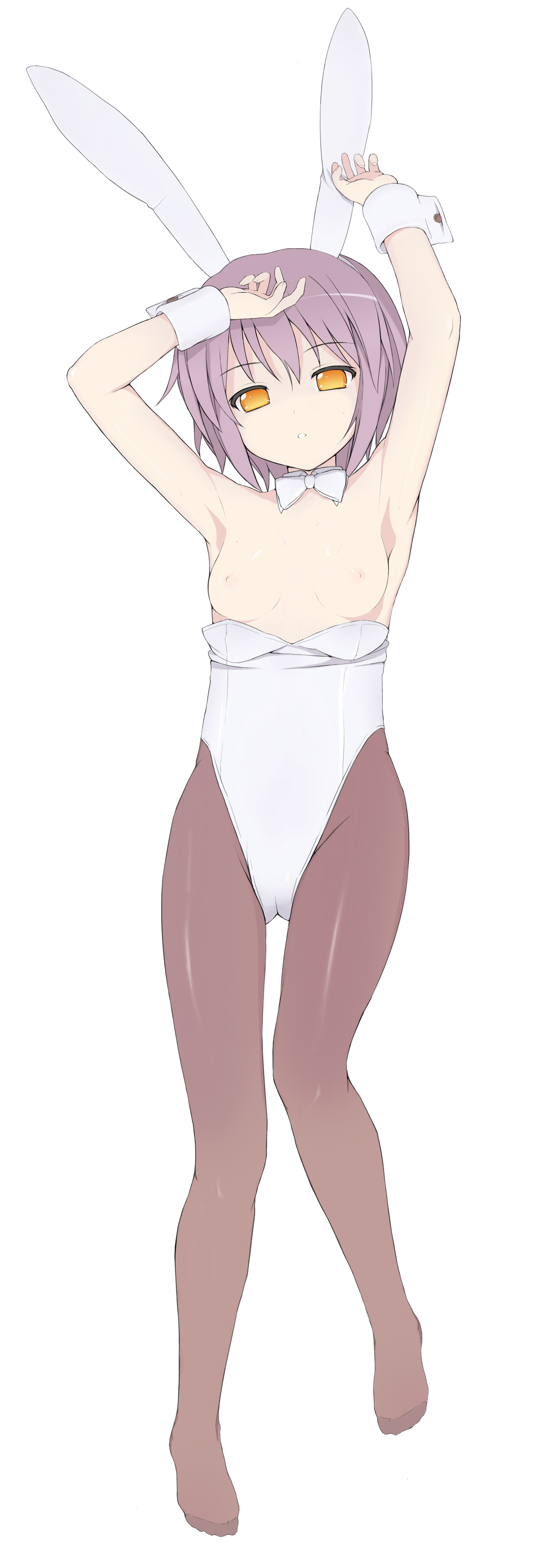 nnyu, nagato yuki, suzumiya haruhi no yuuutsu, absurdres, bad id, bad pixiv id, highres, long image, tall image, 00s, 1girl, animal ears, armpits, breasts, fake animal ears, feet, female focus, flat chest, leotard, nipples, orange eyes, pantyhose, playboy bunny, purple hair, rabbit ears, short hair, solo