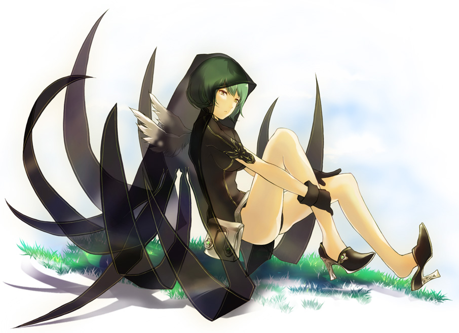 tsujisaki, bad id, bad pixiv id, bag, cape, floating, gloves, grass, green hair, high heels, hood, leg hold, shoe dangle, shoes, short hair, solo, wings