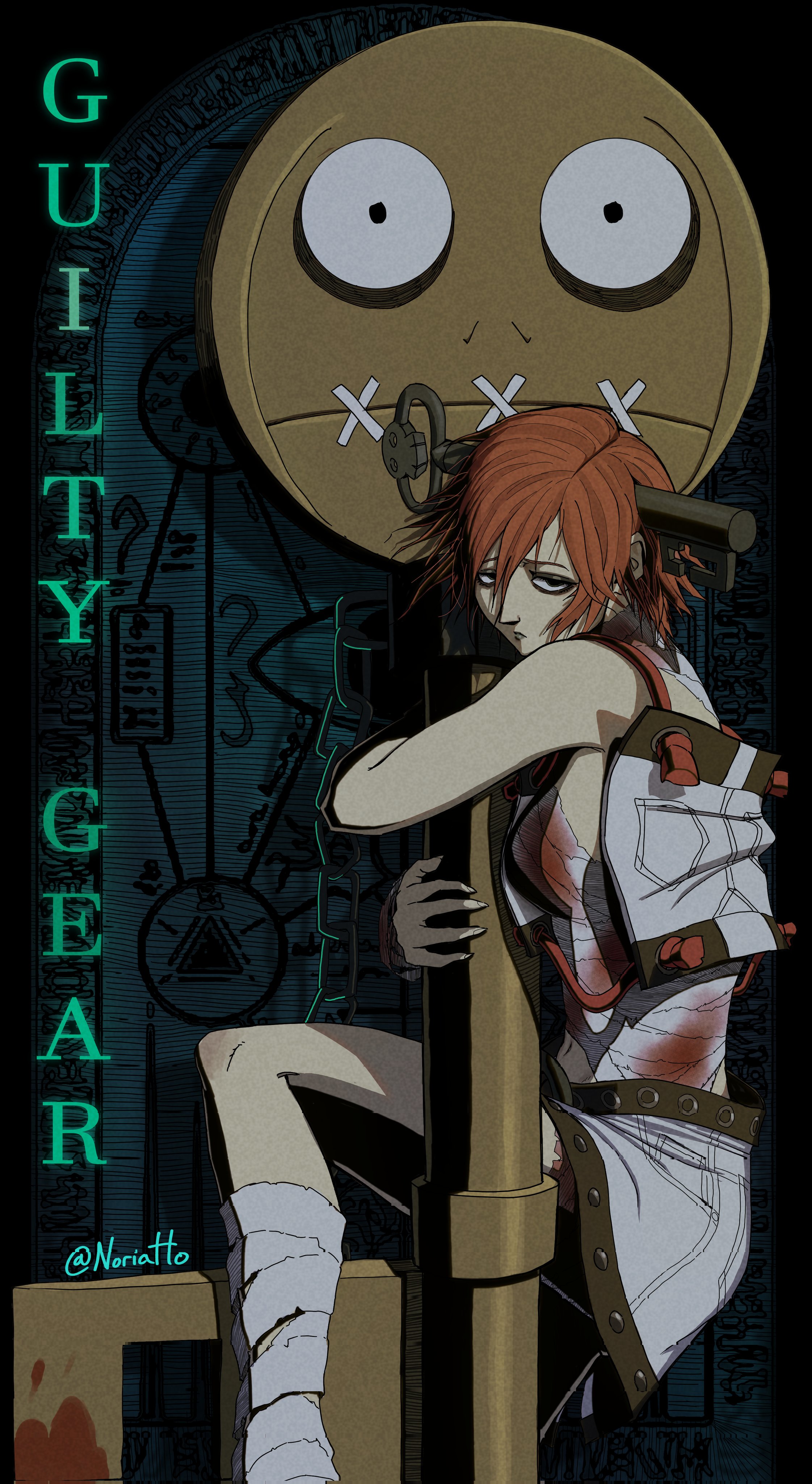 noriatto, a.b.a, paracelsus (guilty gear), guilty gear, guilty gear xx, absurdres, highres, 1girl, amano yoshitaka (style), bags under eyes, bandaged chest, bandages, bare shoulders, black eyes, blood, bloody bandages, breasts, copyright name, crop top, fingerless gloves, gloves, grey lips, hair between eyes, hugging object, key, key in head, knee up, looking at viewer, medium breasts, messy hair, navel, object through head, red hair, short hair, skirt, solid circle pupils, stitched mouth, stitches, twitter username, white skirt
