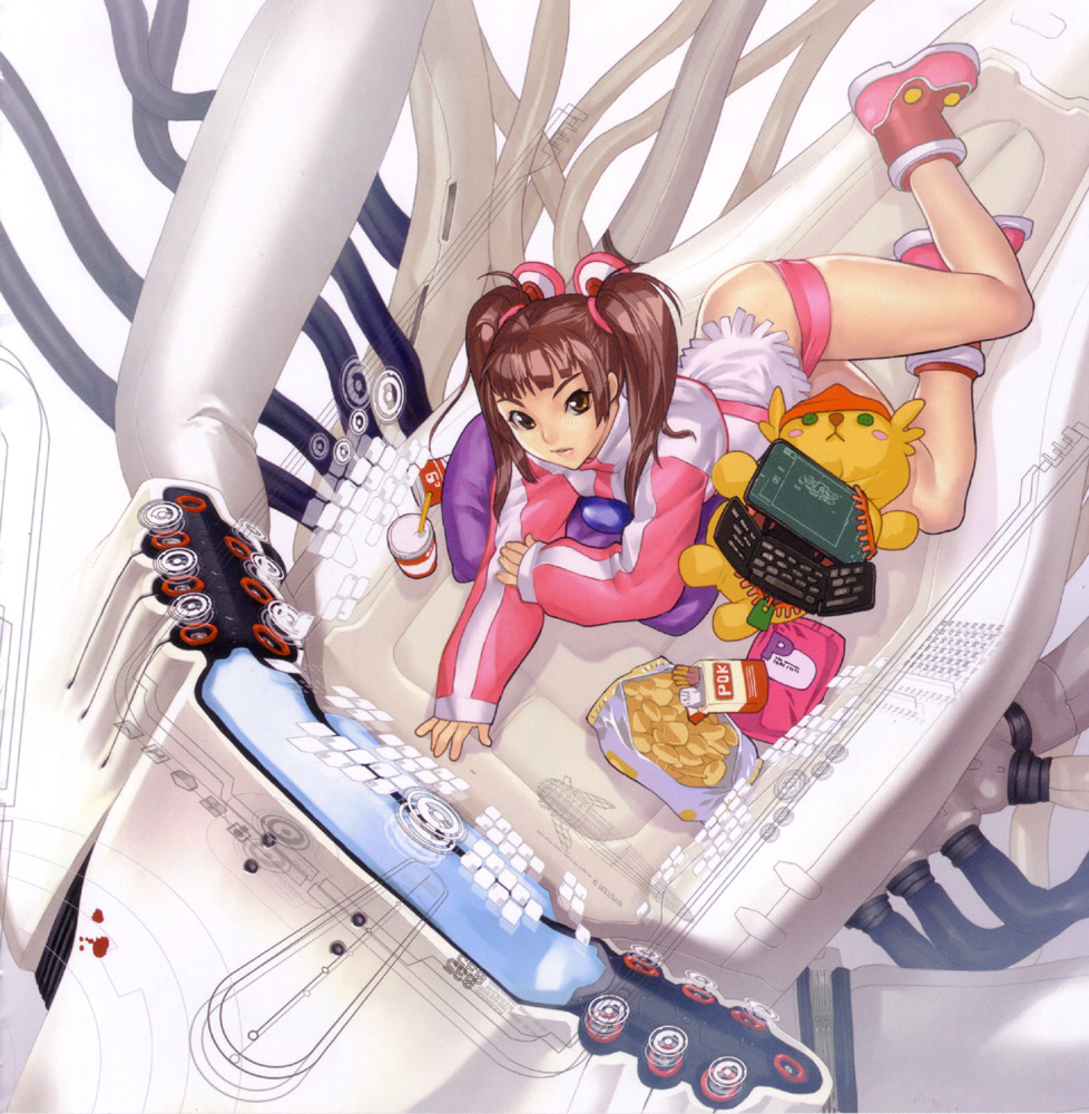 hakua ugetsu, amy (bakuretsu tenshi), bakuretsu tenshi, 00s, 1girl, belt, belt skirt, brown eyes, brown hair, computer, female focus, legs, lying, solo, stuffed animal, stuffed toy, twintails