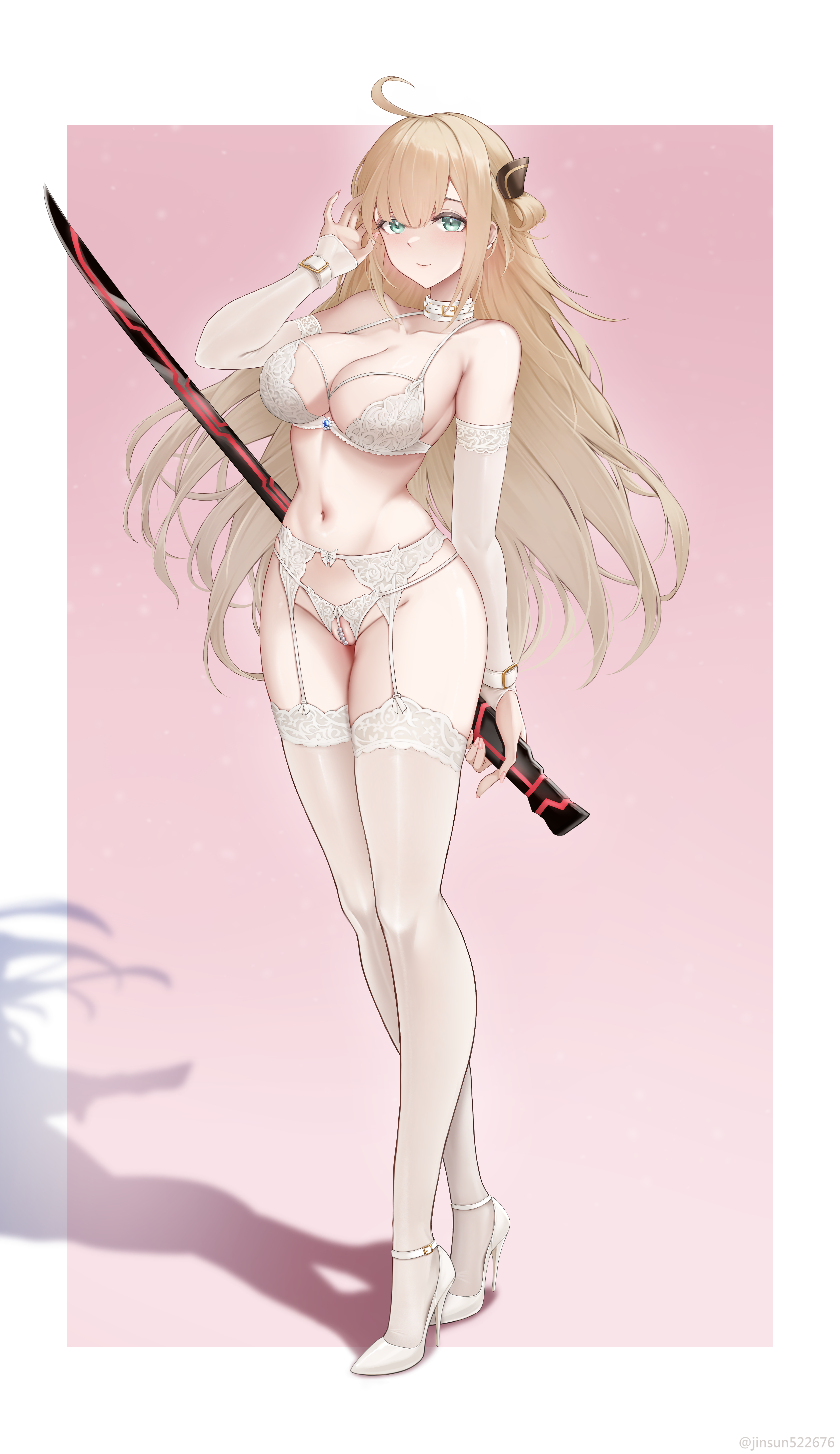 wo de jin sun, sky striker ace – raye, yu-gi-oh!, absurdres, highres, 1girl, alternate costume, bare shoulders, blonde hair, bra, breasts, cleavage, duel monster, elbow gloves, garter belt, garter straps, gloves, green eyes, hand up, high heels, holding, holding sword, holding weapon, lingerie, navel, panties, revealing clothes, sideboob, solo, stomach, sword, thighhighs, underwear, weapon, white bra, white panties