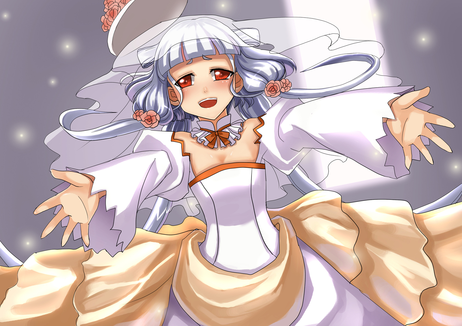 aprilred, tianzi, code geass, highres, 00s, albino, bridal veil, bride, dress, hat, midriff, red eyes, solo, veil, wedding dress, white hair