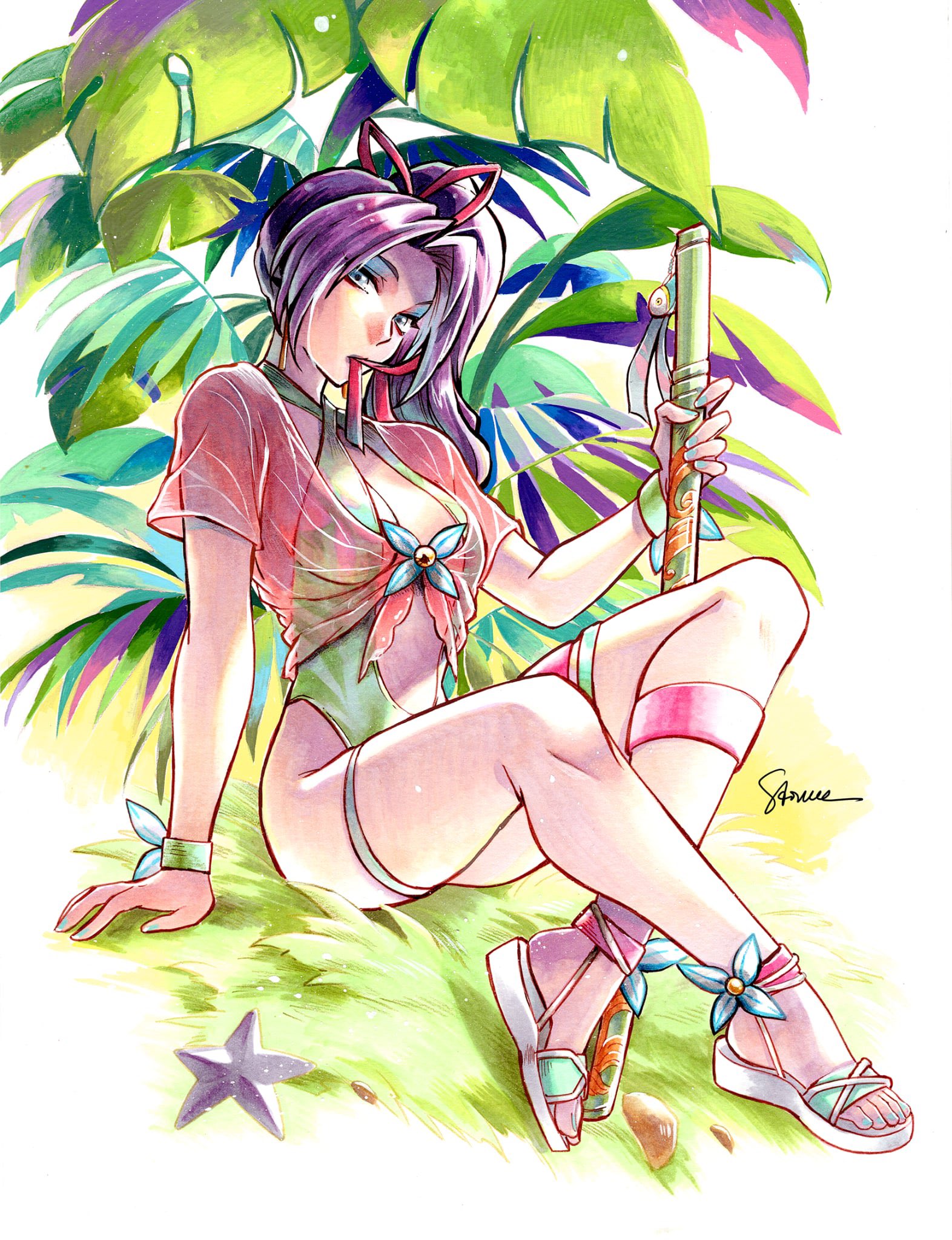 sao (saowee), psylocke, psylocke (breezy butterfly), marvel, marvel rivals, x-men, highres, 1girl, breasts, butterfly ornament, cleavage, green one-piece swimsuit, hair ribbon, large breasts, long hair, looking at viewer, official alternate costume, one-piece swimsuit, ponytail, purple hair, ribbon, solo, swimsuit, sword, weapon