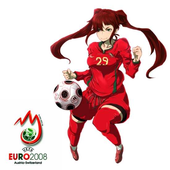aguhari, original, bad id, bad pixiv id, 00s, 1girl, 2008, ball, brown hair, clothes writing, europass, female focus, hip focus, long hair, playing sports, portugal, smile, soccer, soccer ball, solo, sportswear, thighhighs, twintails, wide hips