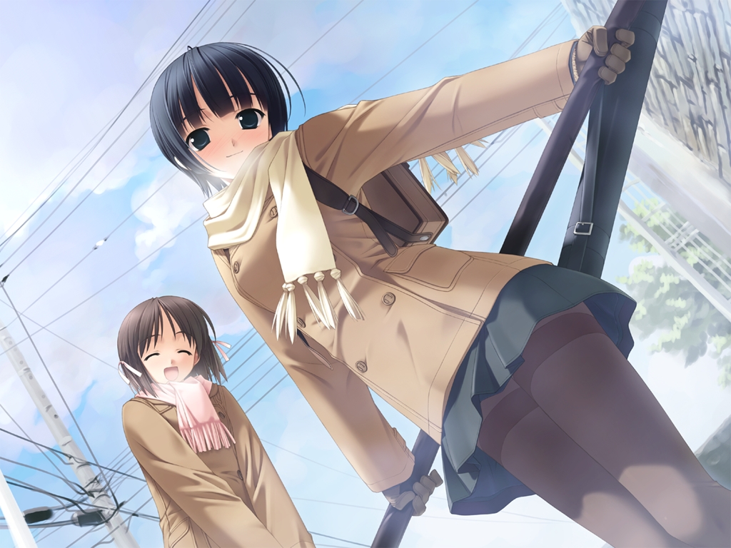 hashimoto takashi, asaba nonoka, ichinose mio, white breath, black legwear, game cg, 2girls, bag, black hair, blush, breath, brown hair, closed eyes, cloud, coat, day, gloves, looking at viewer, multiple girls, open mouth, pantyhose, power lines, ribbon, scarf, school bag, school uniform, serafuku, shinai, short hair, skirt, sky, smile, sword, thighband pantyhose, weapon, weapon bag