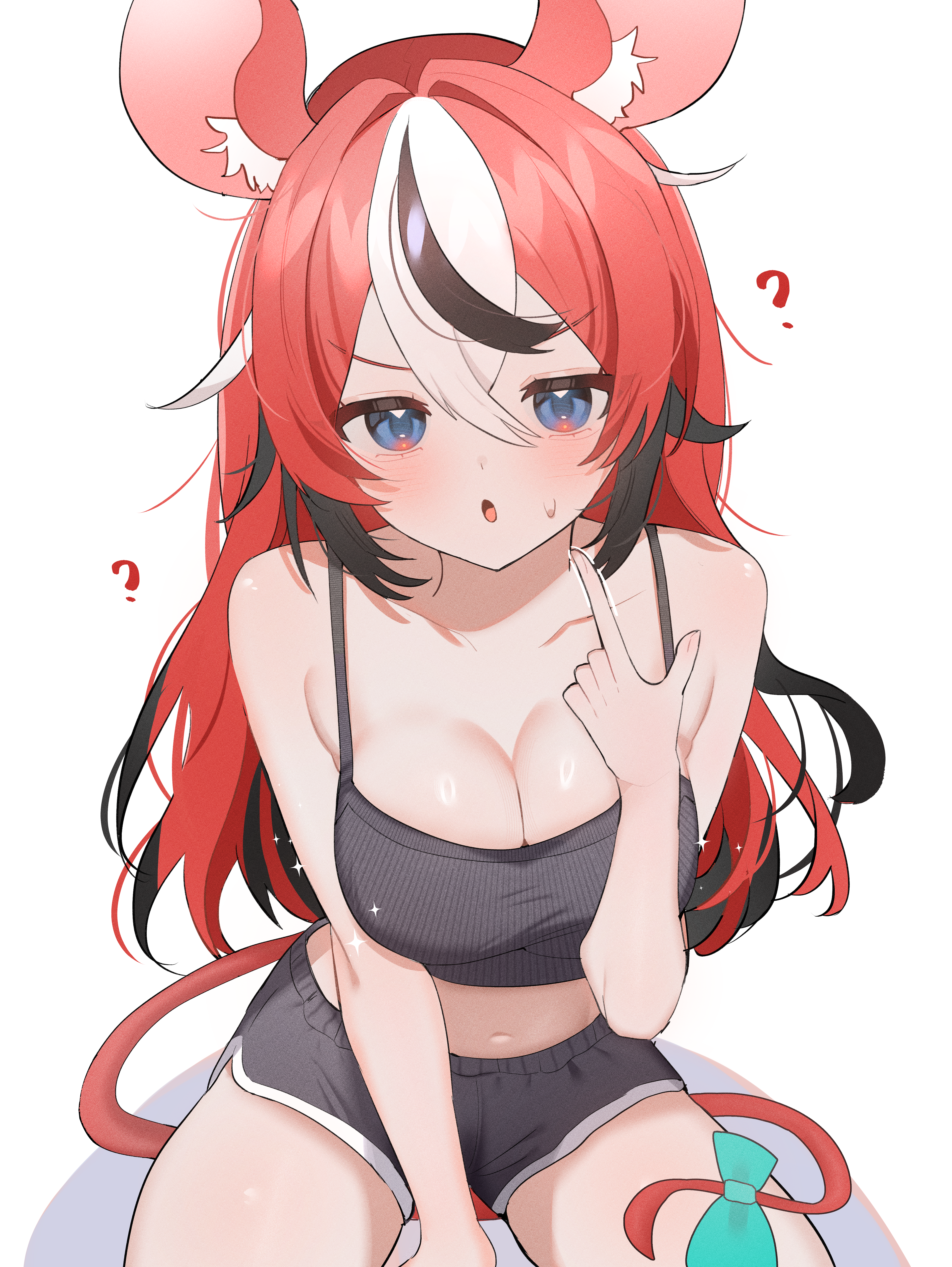 shusuchii, hakos baelz, hololive, hololive english, absurdres, commentary, highres, symbol-only commentary, 1girl, :o, ?, alternate costume, animal ear fluff, animal ears, bare arms, between legs, black hair, blue eyes, bow, breasts, cleavage, colored tips, crop top, crossed bangs, dolphin shorts, double-parted bangs, grey shorts, grey tank top, hair between eyes, hand between legs, hand up, large breasts, long hair, looking at viewer, midriff, mouse ears, mouse girl, mouse tail, multicolored hair, navel, open mouth, pointing, pointing at self, red hair, ribbed tank top, short shorts, shorts, simple background, solo, streaked hair, sweatdrop, tail, tail bow, tail ornament, tank top, virtual youtuber, white background, white hair