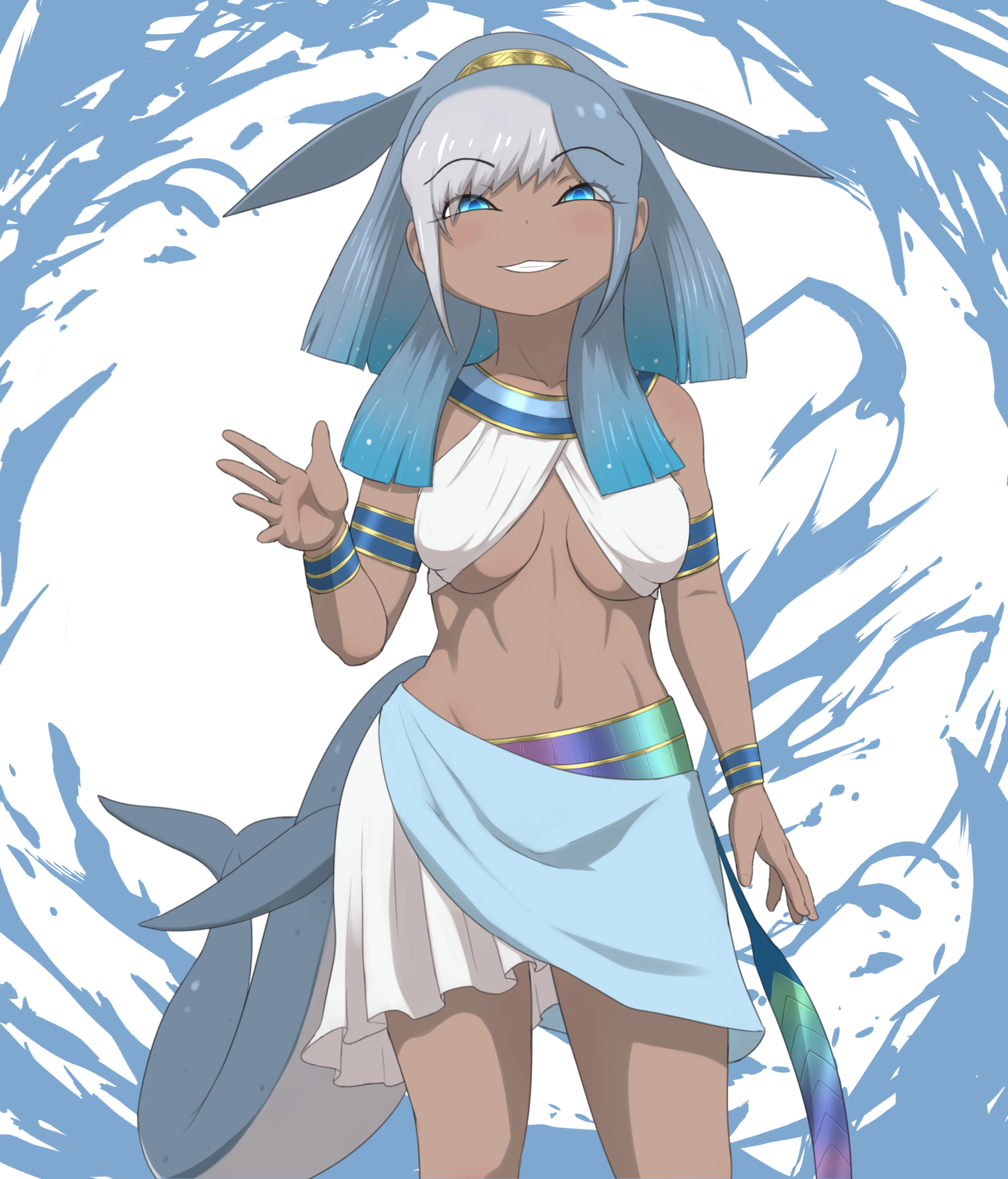 rest in muni, dorudon (kemono friends), kemono friends, absurdres, highres, 1girl, armband, bare shoulders, blue collar, blue eyes, blue hair, blue sarong, blush, cetacean tail, collar, cowboy shot, cross-hem topwear, dark-skinned female, dark skin, fins, fish tail, gold trim, grey hair, hair between eyes, head fins, long hair, looking at viewer, midriff, multicolored hair, navel, sarong, shirt, sidelocks, smile, solo, tail, two-tone sarong, whale girl, white sarong, white shirt, wristband