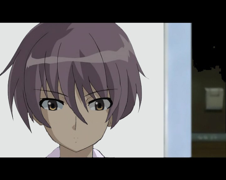 nagato yuki, nagato yuuki, suzumiya haruhi no yuuutsu, eyebrows, 00s, 1boy, genderswap, genderswap (ftm), hair between eyes, letterboxed, male focus, portrait, purple hair, short hair, solo, yellow eyes