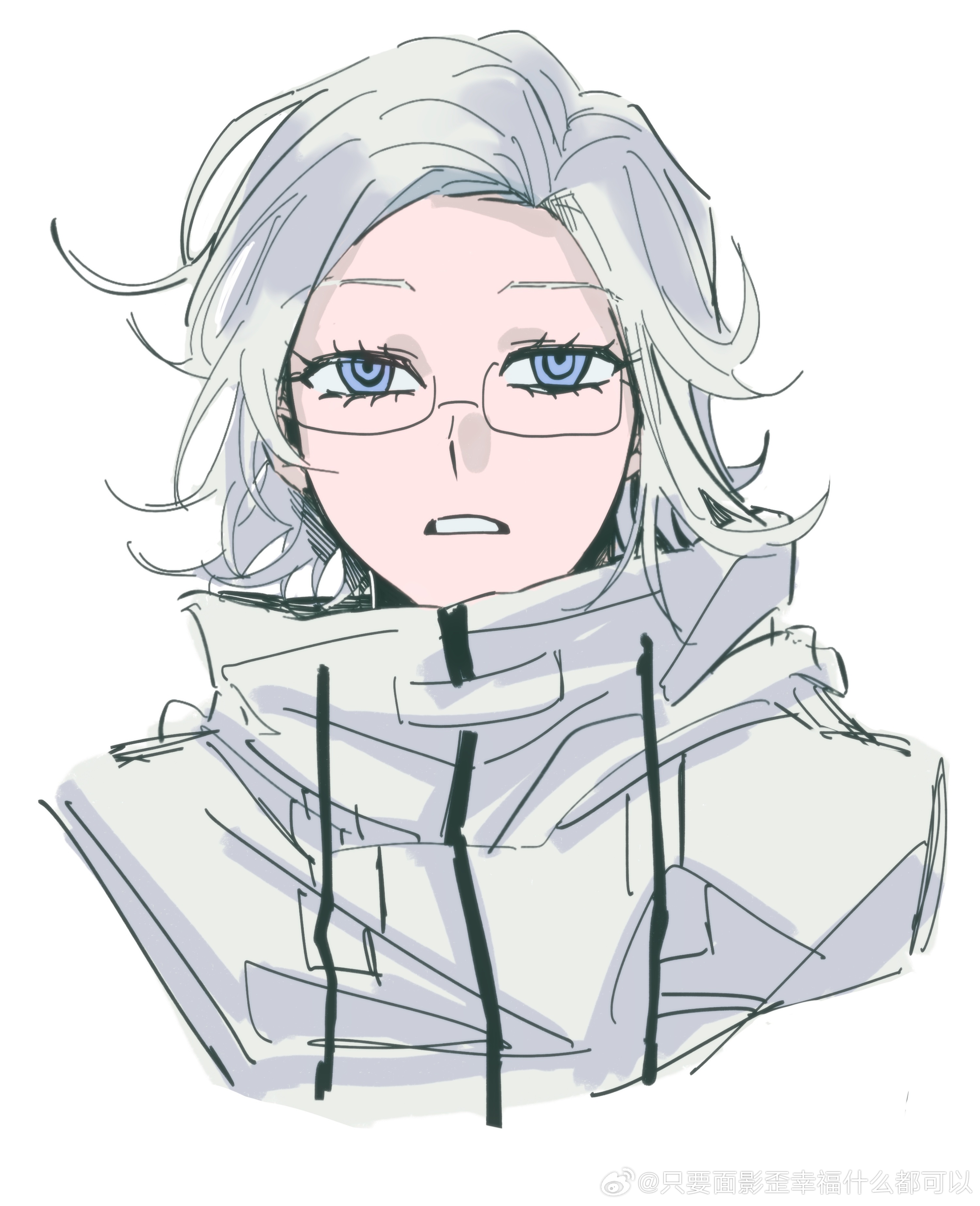aotsuki eito, the hundred line -last defense academy-, absurdres, chinese commentary, commentary request, highres, 1boy, blue eyes, cropped shoulders, drawstring, eyelashes, glasses, high collar, jacket, male focus, semi-rimless eyewear, short hair, simple background, solo, watermark, weibo watermark, white background, white hair, white jacket, zhiyao mianying wai xinfu shenme dou keyi