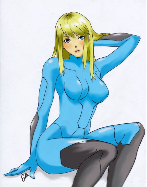 samus aran, metroid, nintendo, 1girl, blonde hair, blue eyes, bodysuit, female focus, long hair, sitting, solo, zero suit