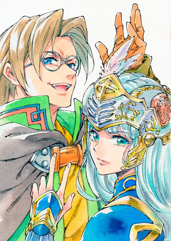 agahari, lenneth valkyrie, lezard valeth, valkyrie profile (series), 1boy, 1girl, armor, black coat, blue armor, blue eyes, blue hair, brown gloves, brown hair, cape, coat, feathers, glasses, gloves, green jacket, helmet, jacket, long hair, short hair, simple background, smile, v, valkyrie, white background, winged helmet